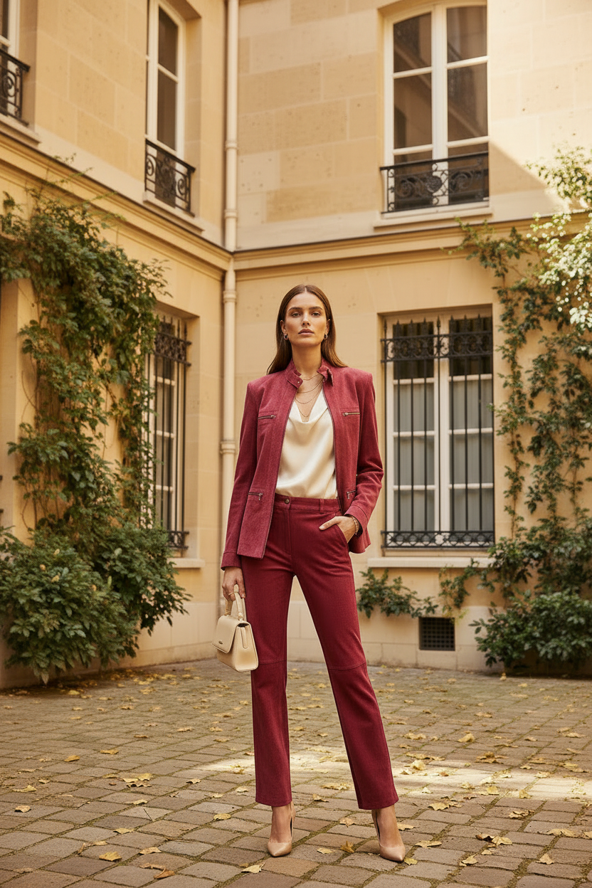 Tailleur cuir velours framboise lumière claire