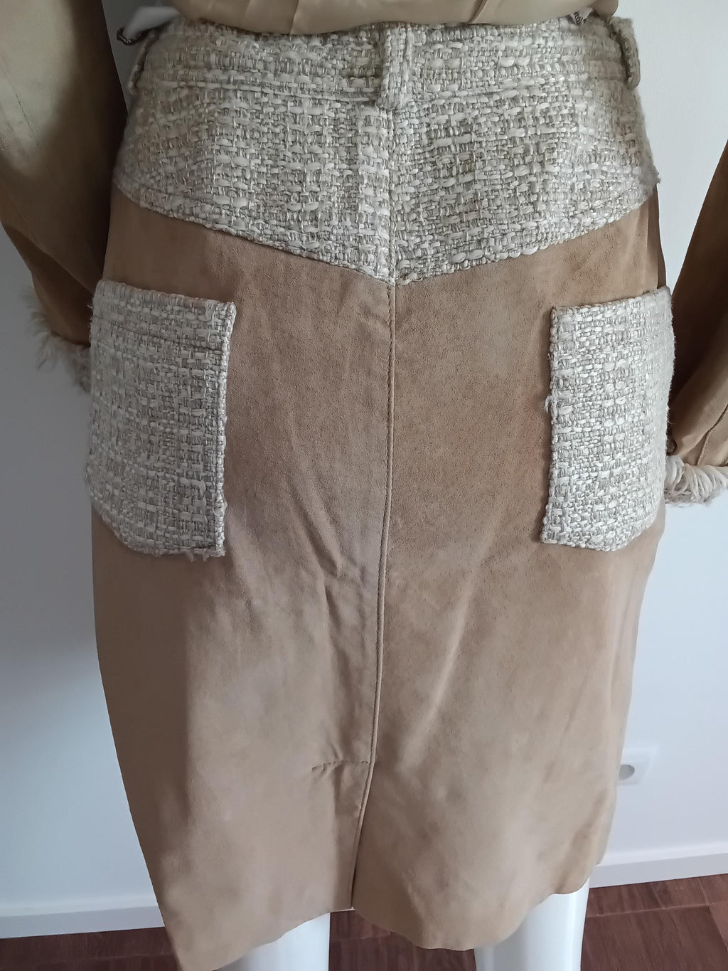 Vintage blazer et jupe cuir velours & tweed beige frangé — Style Haute Couture — Taille 36