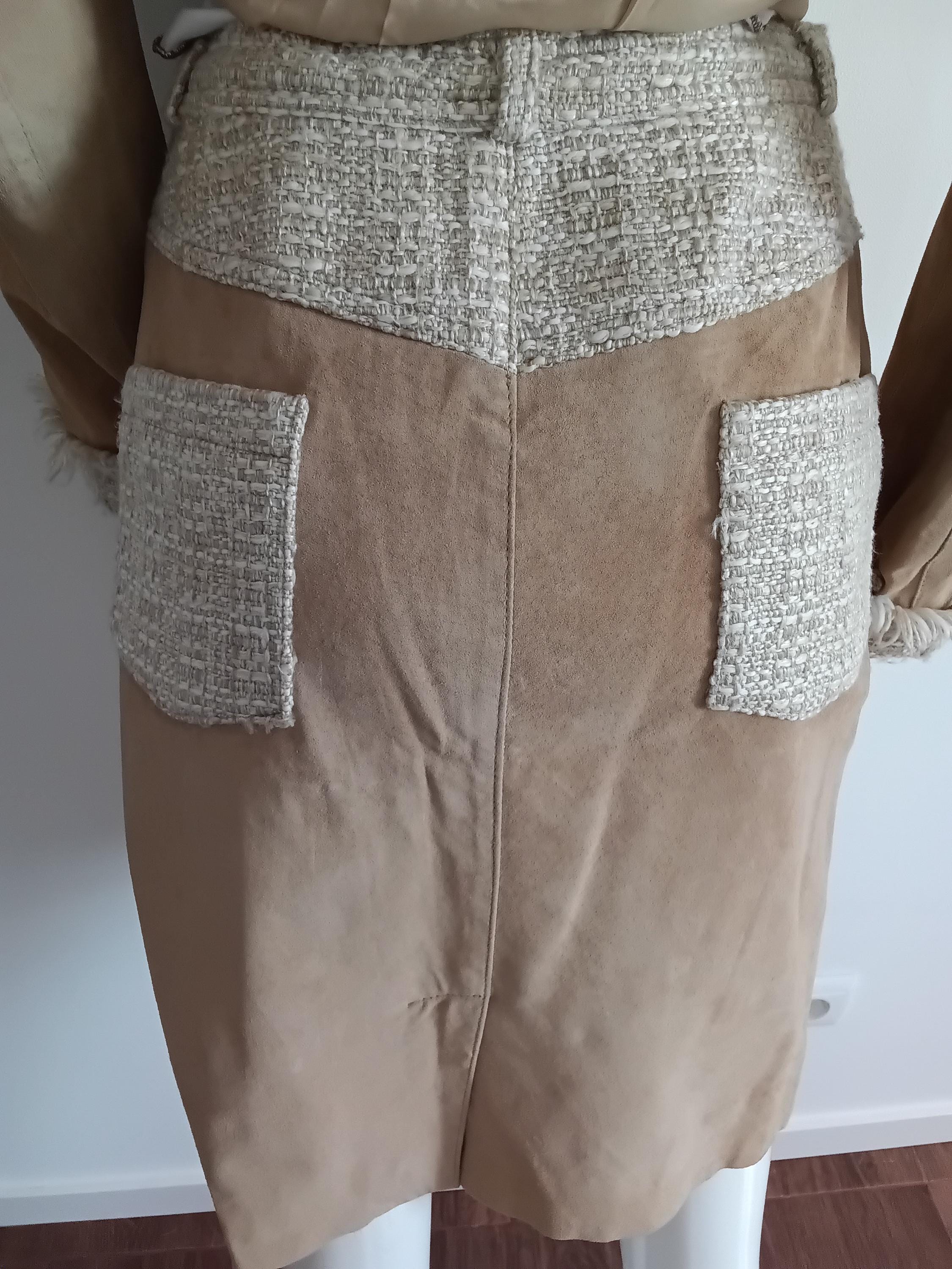 Vintage blazer et jupe cuir velours & tweed beige frangé — Style Haute Couture — Taille 36