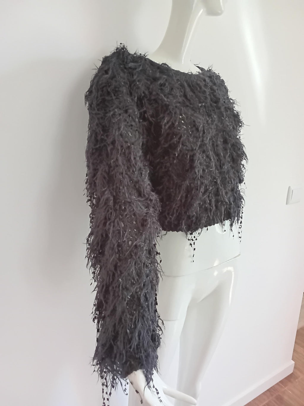 Pull Vintage Noir Frangé Années 70 — Style Bohème — Taille Unique
