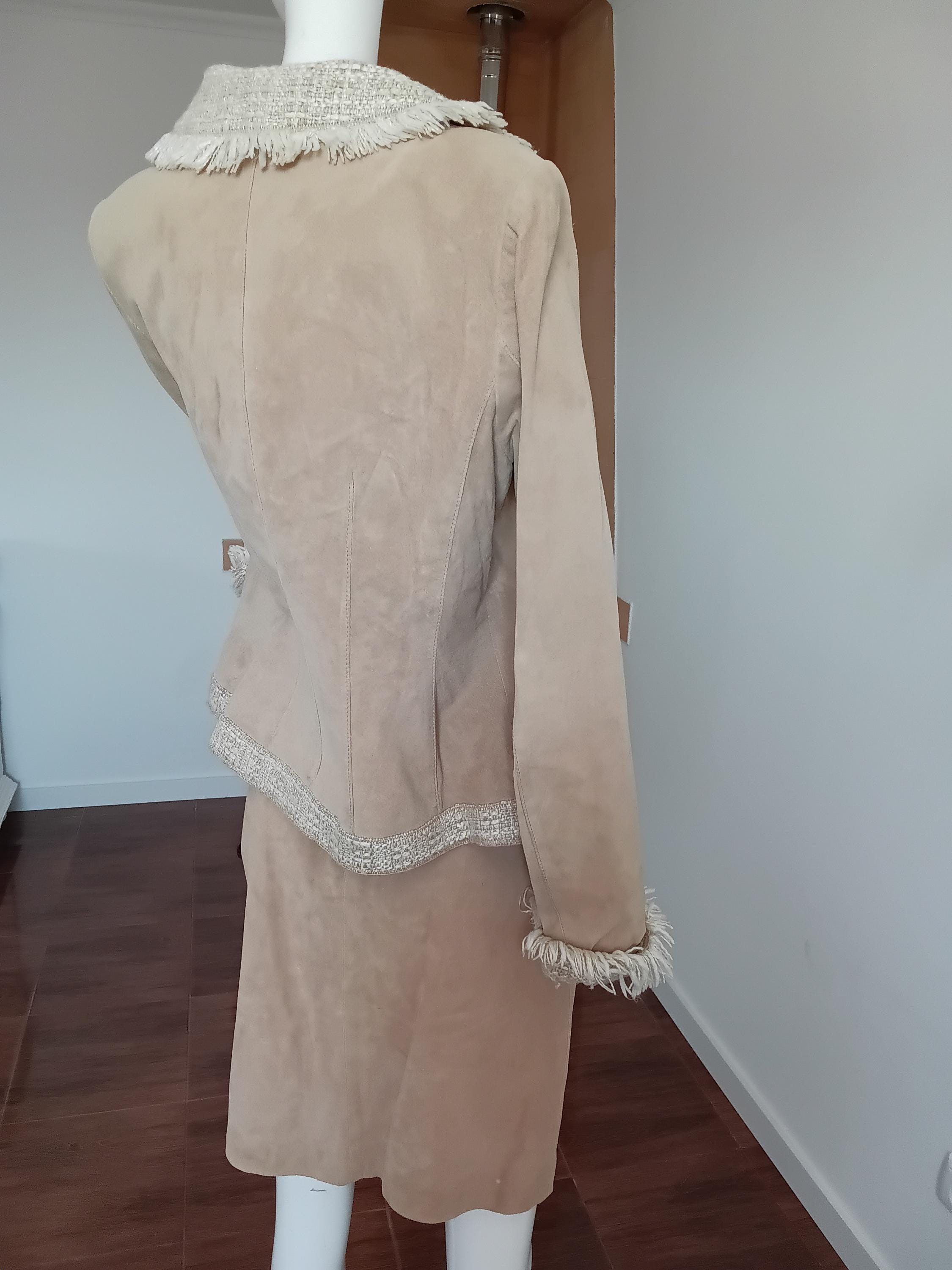 Vintage blazer et jupe cuir velours & tweed beige frangé — Style Haute Couture — Taille 36