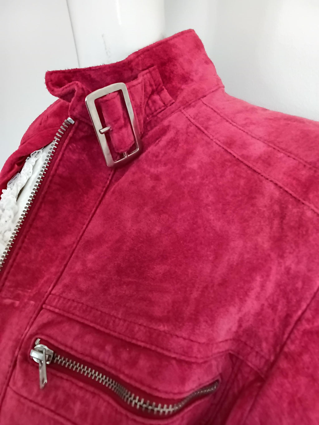 Vintage Tailleur pantalon cuir velours framboise — Taille 38 FR