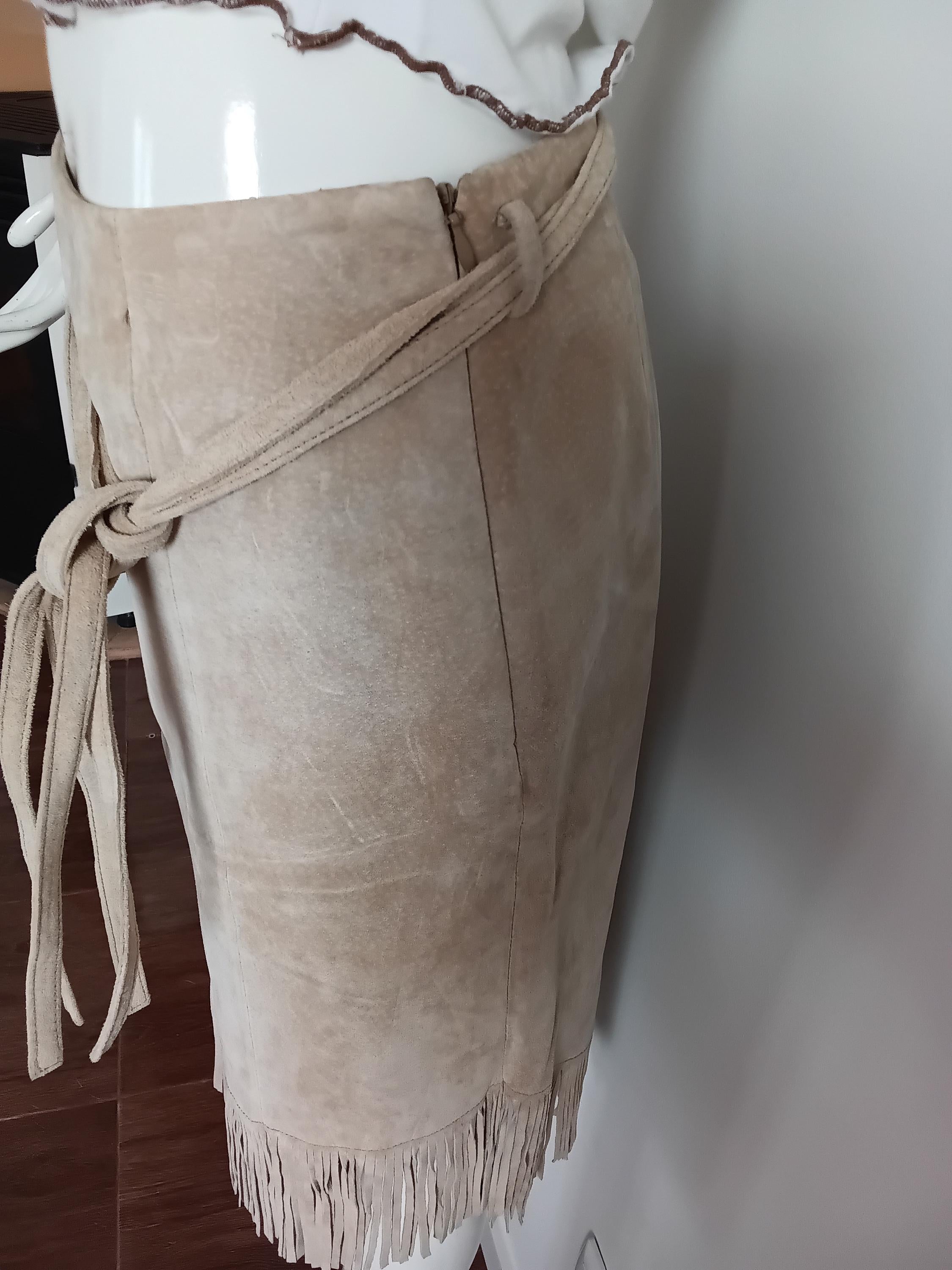Vintage Tailleur jupe en cuir velours beige