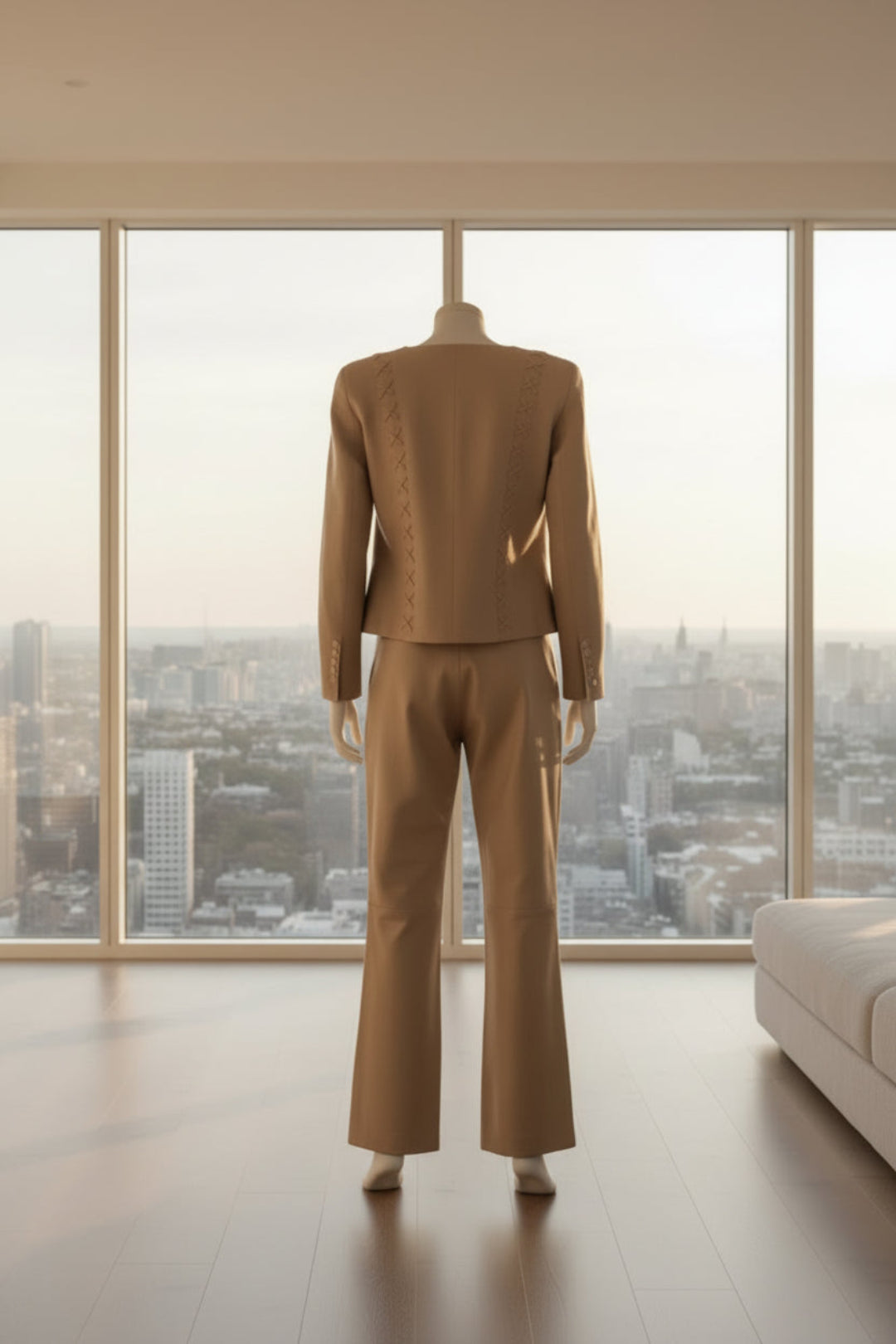 Tailleur vintage cuir beige vue de dos - silhouette complète