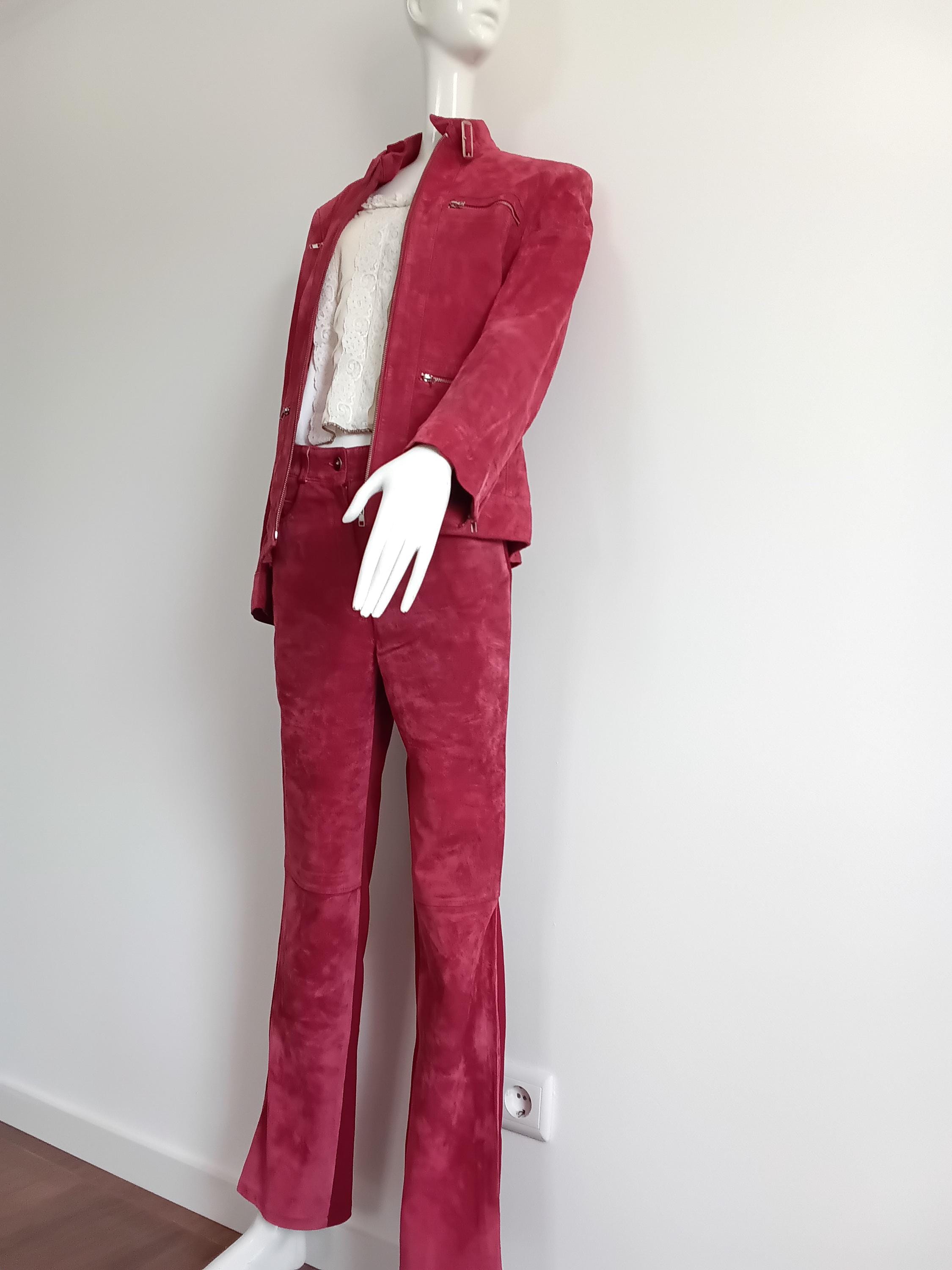 Vintage Tailleur pantalon cuir velours framboise — Taille 38 FR