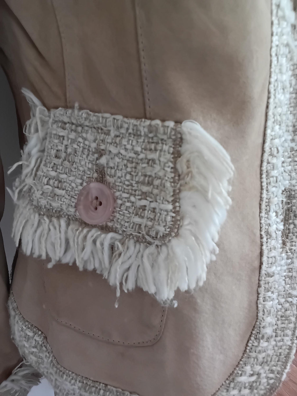 Vintage blazer et jupe cuir velours & tweed beige frangé — Style Haute Couture — Taille 36