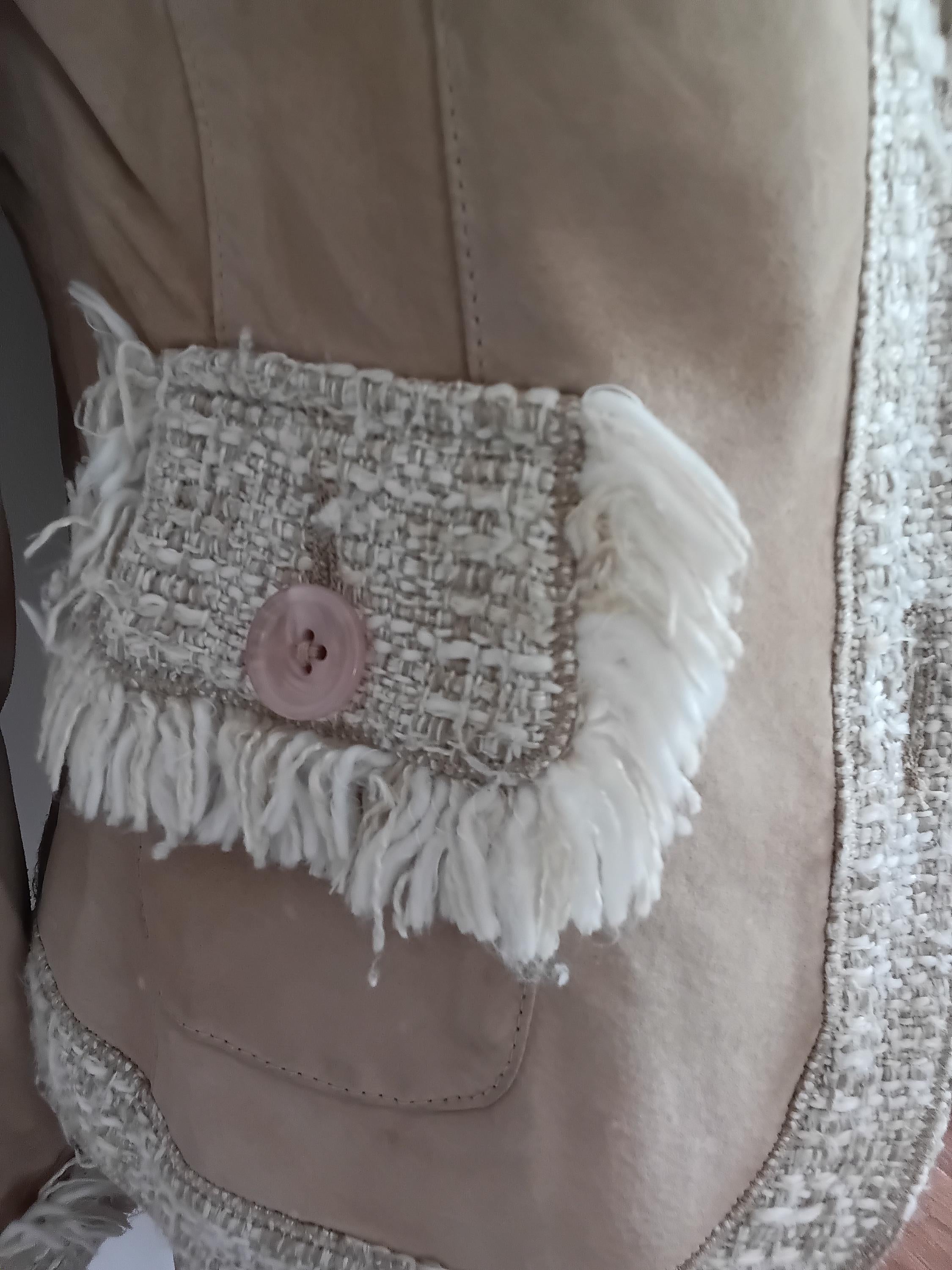 Vintage blazer et jupe cuir velours & tweed beige frangé — Style Haute Couture — Taille 36