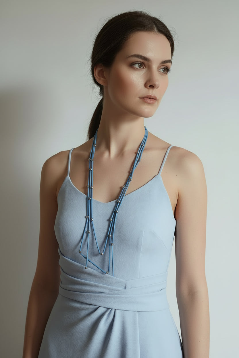 Colar de 3 fios azul-celeste & pérolas prateadas — Madeleine Mode