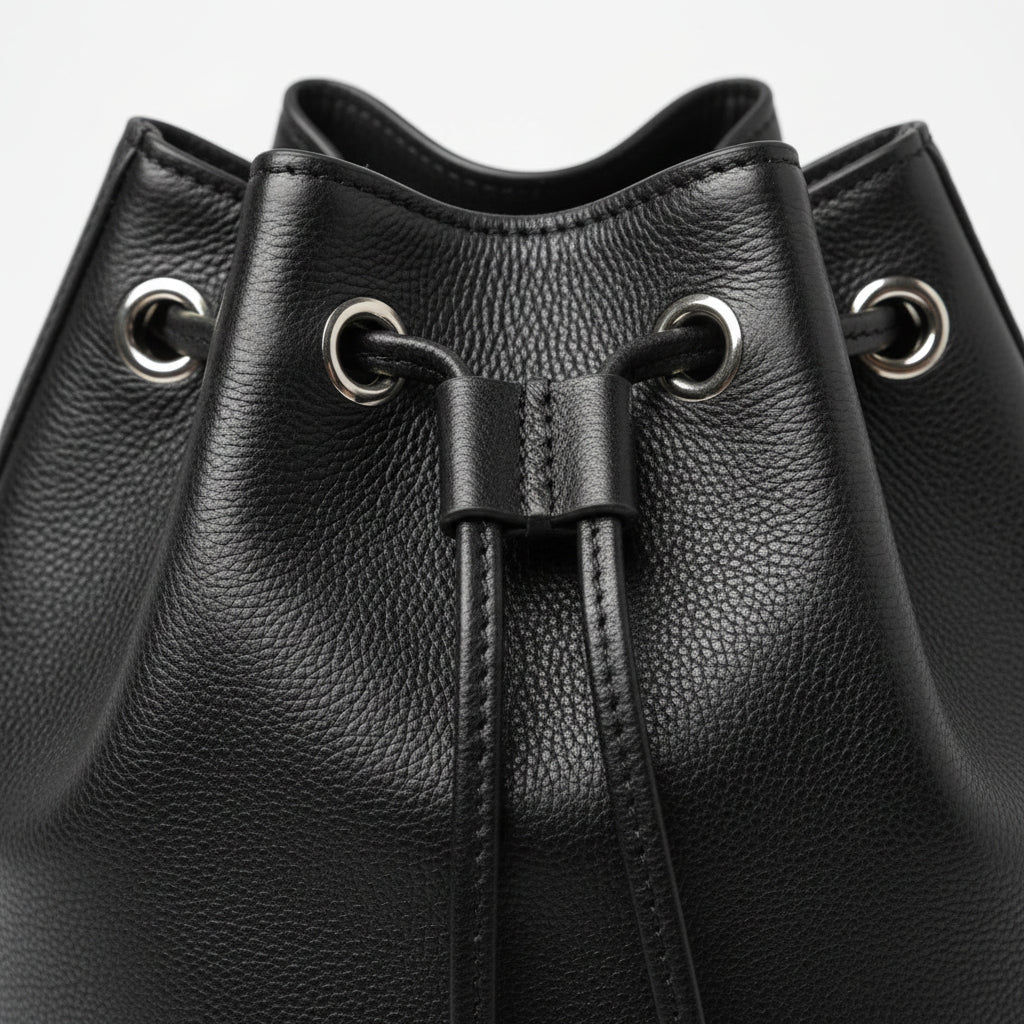Gros plan sur le lien de serrage du sac bourse cuir grainé noir — Élégance Intemporelle