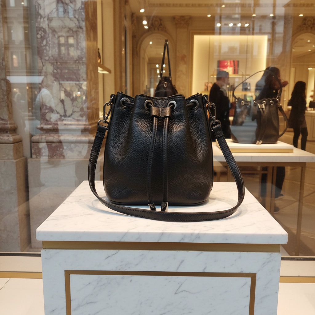 Sac bourse cuir grainé noir neuf exposé en vitrine de grands magasins — Élégance Intemporelle
