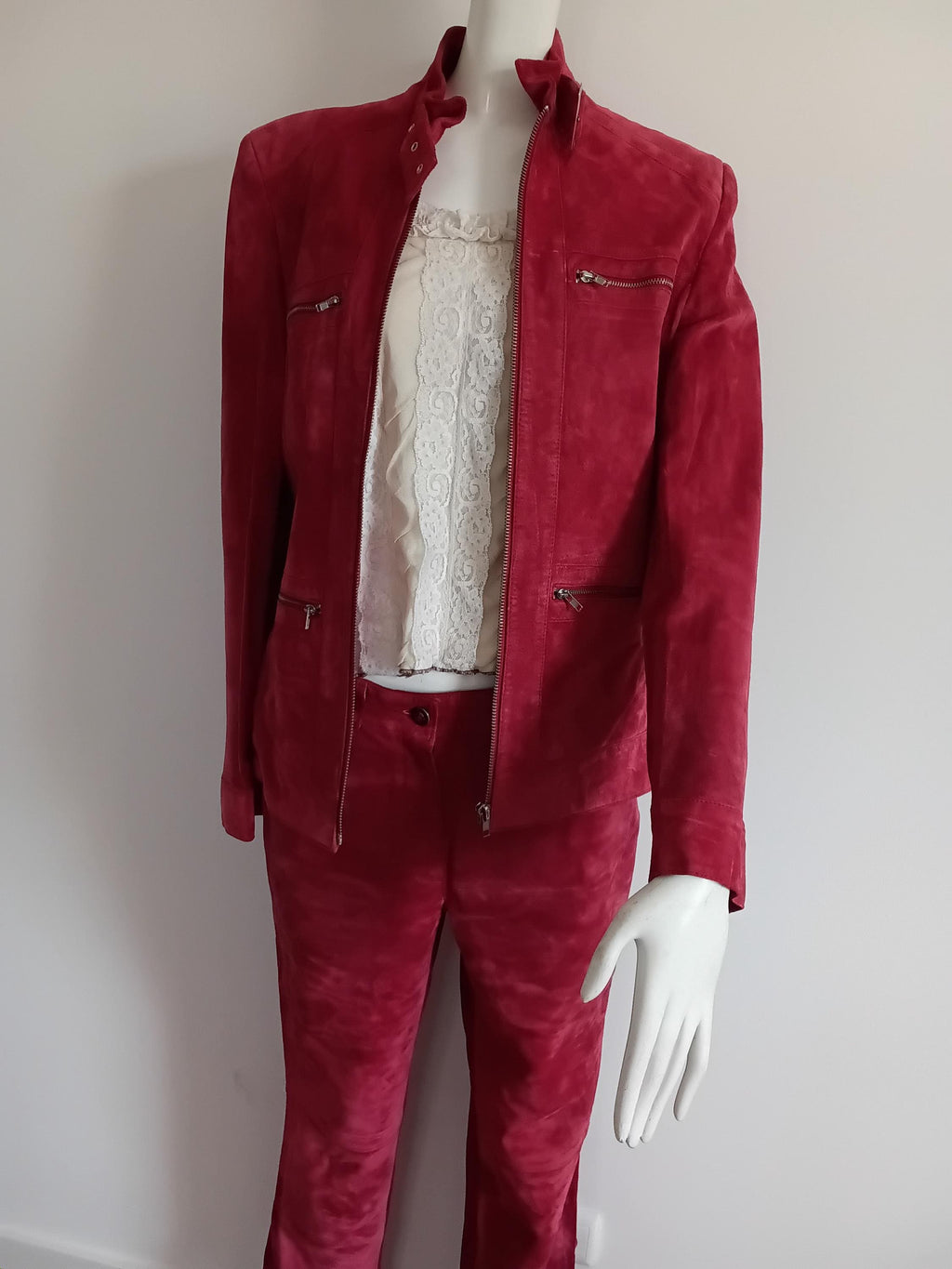 Vintage Tailleur pantalon cuir velours framboise — Taille 38 FR