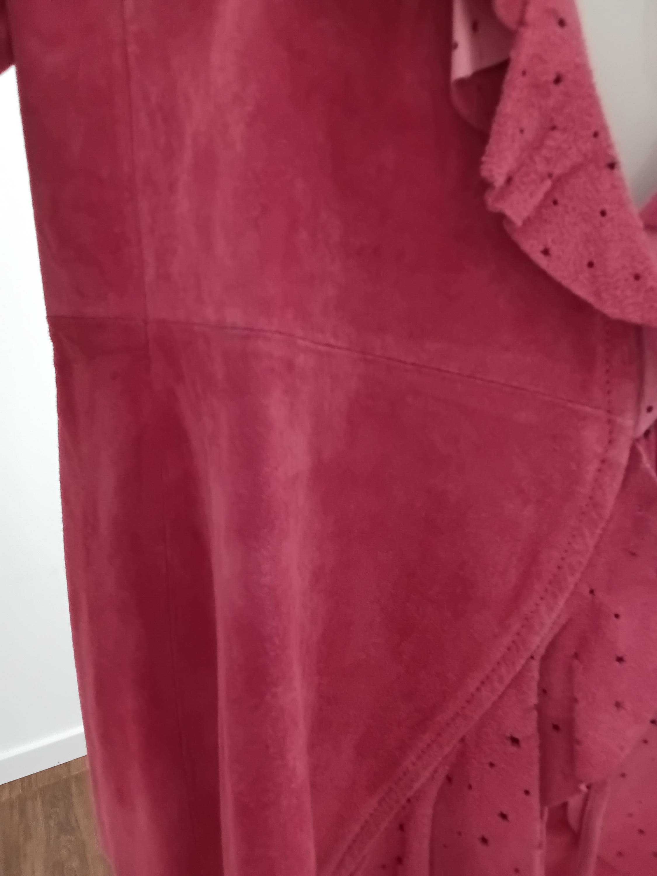 Vintage Ensemble blazer + jupe en cuir velours rose à volants — Taille 38 FR