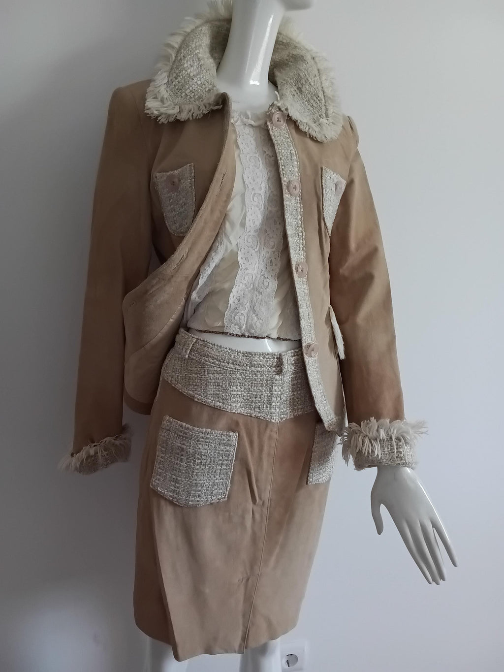 Vintage blazer et jupe cuir velours & tweed beige frangé — Style Haute Couture — Taille 36