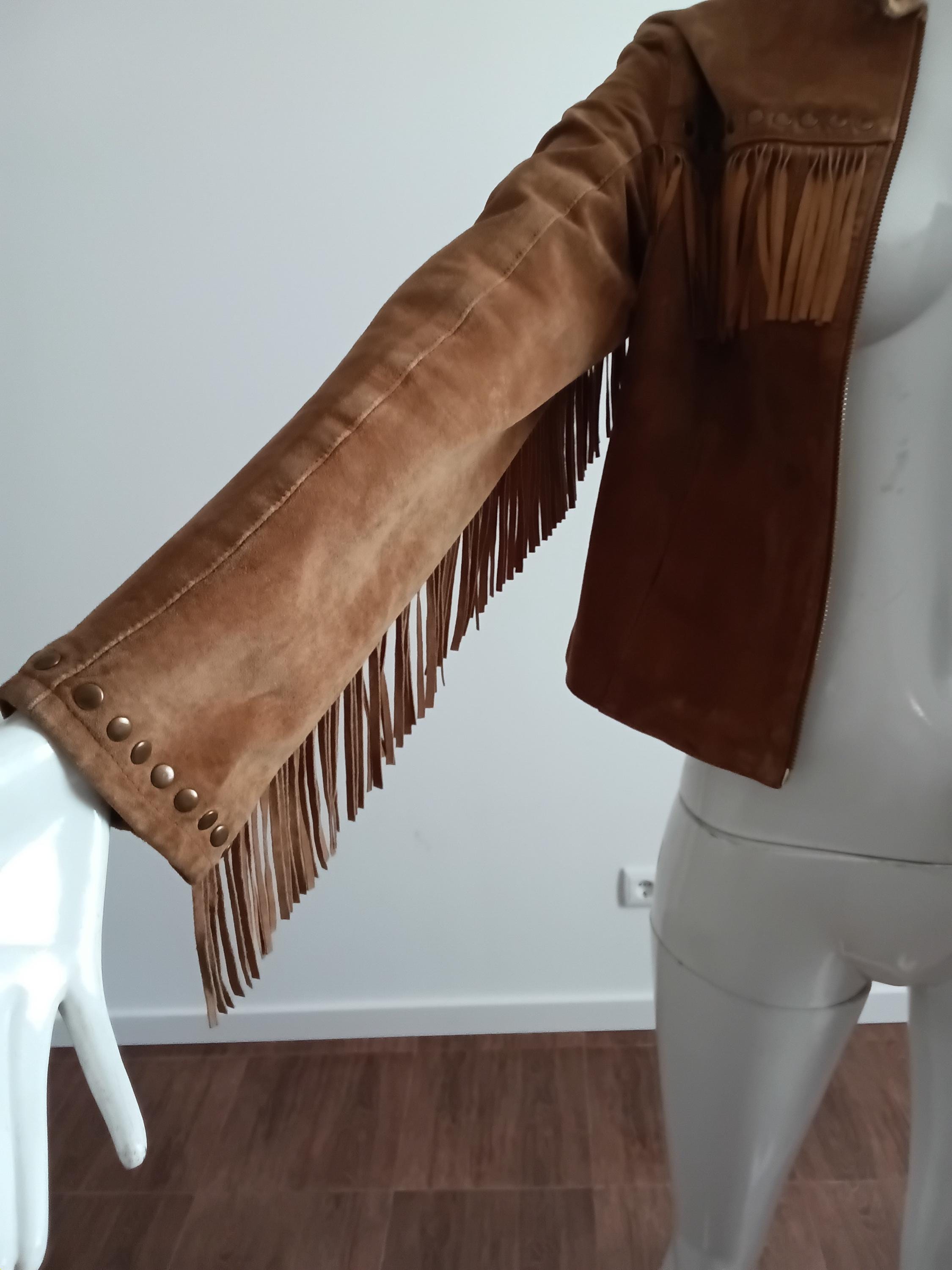 Veste Vintage Cuir Velours Camel à Franges — Taille S | Seconde Main