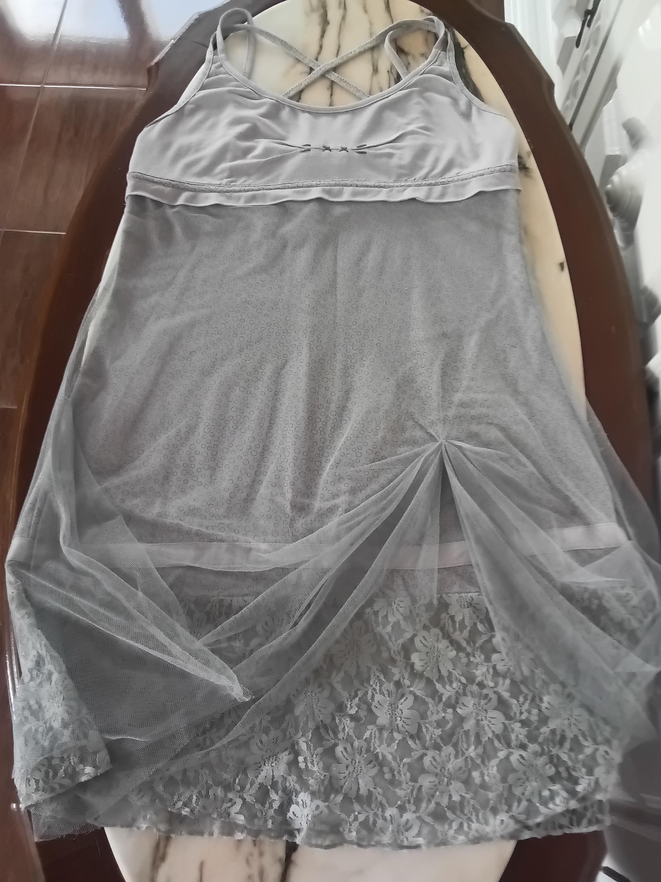Robe Vintage Années 2000 Rayonne & Tulle Gris — Style Soirée — Taille M
