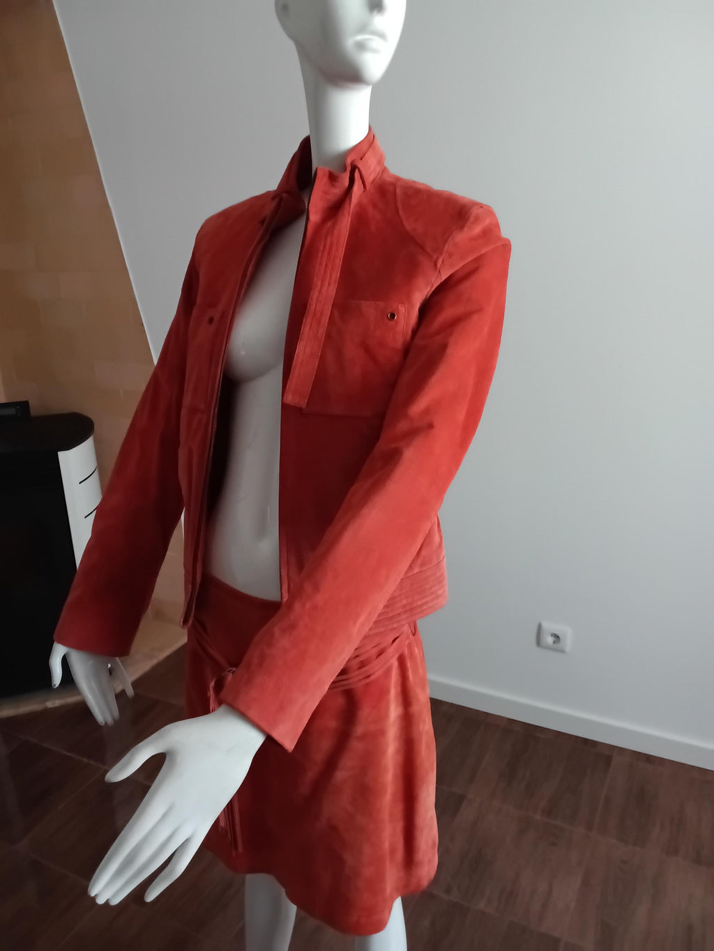 Vintage ensemble 2 pièces en cuir velours orange