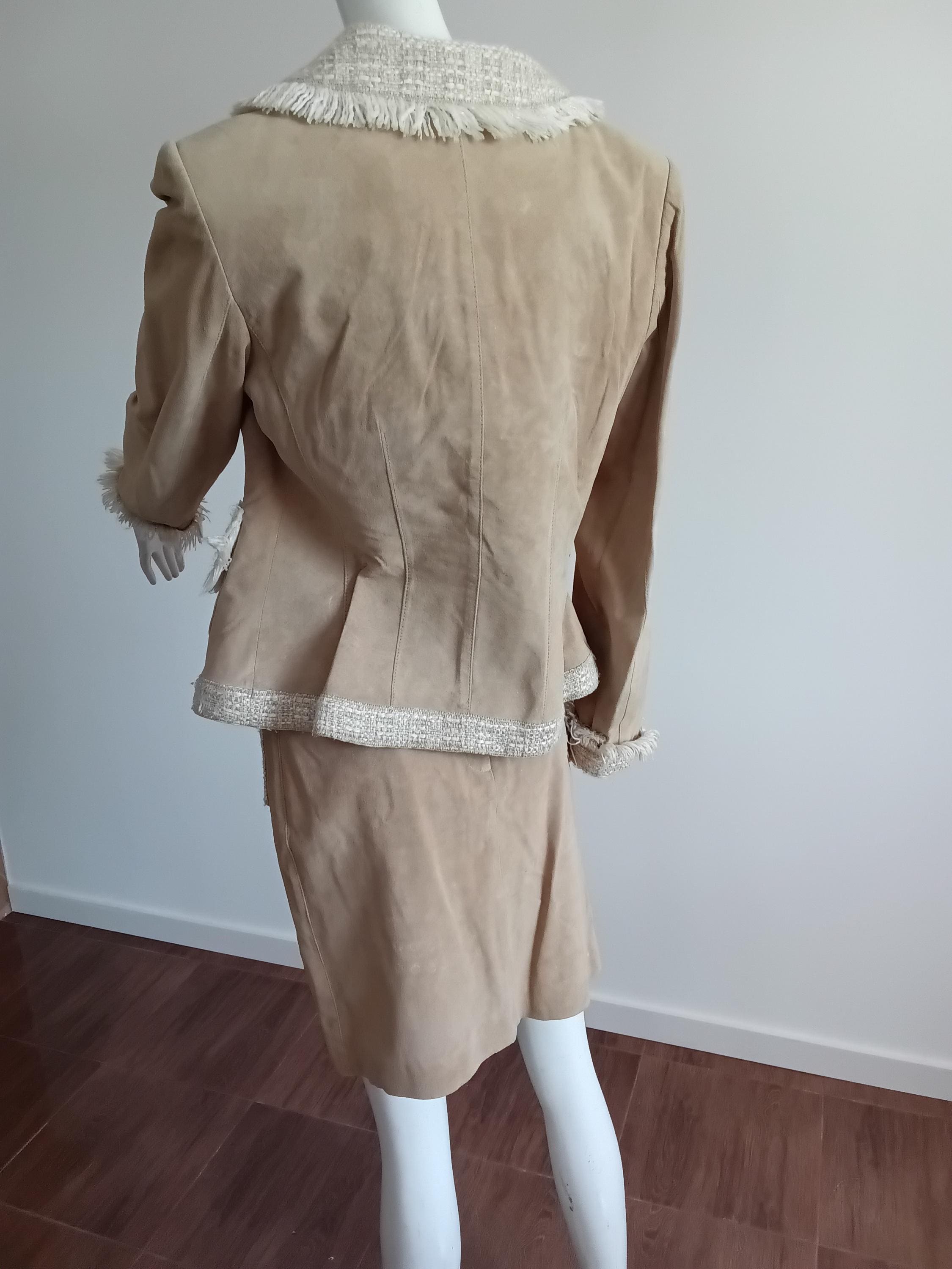 Vintage blazer et jupe cuir velours & tweed beige frangé — Style Haute Couture — Taille 36