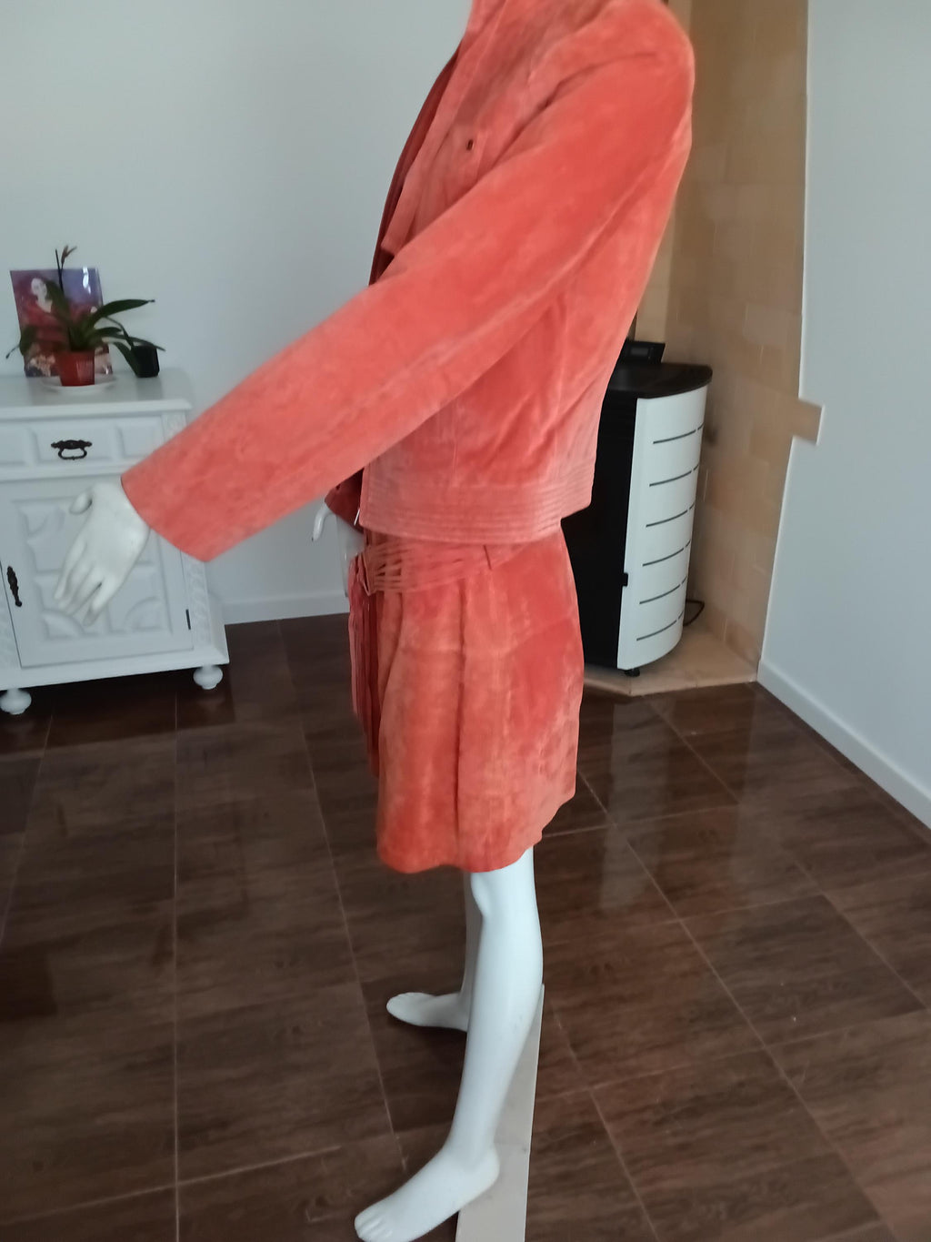 Vintage ensemble 2 pièces en cuir velours orange