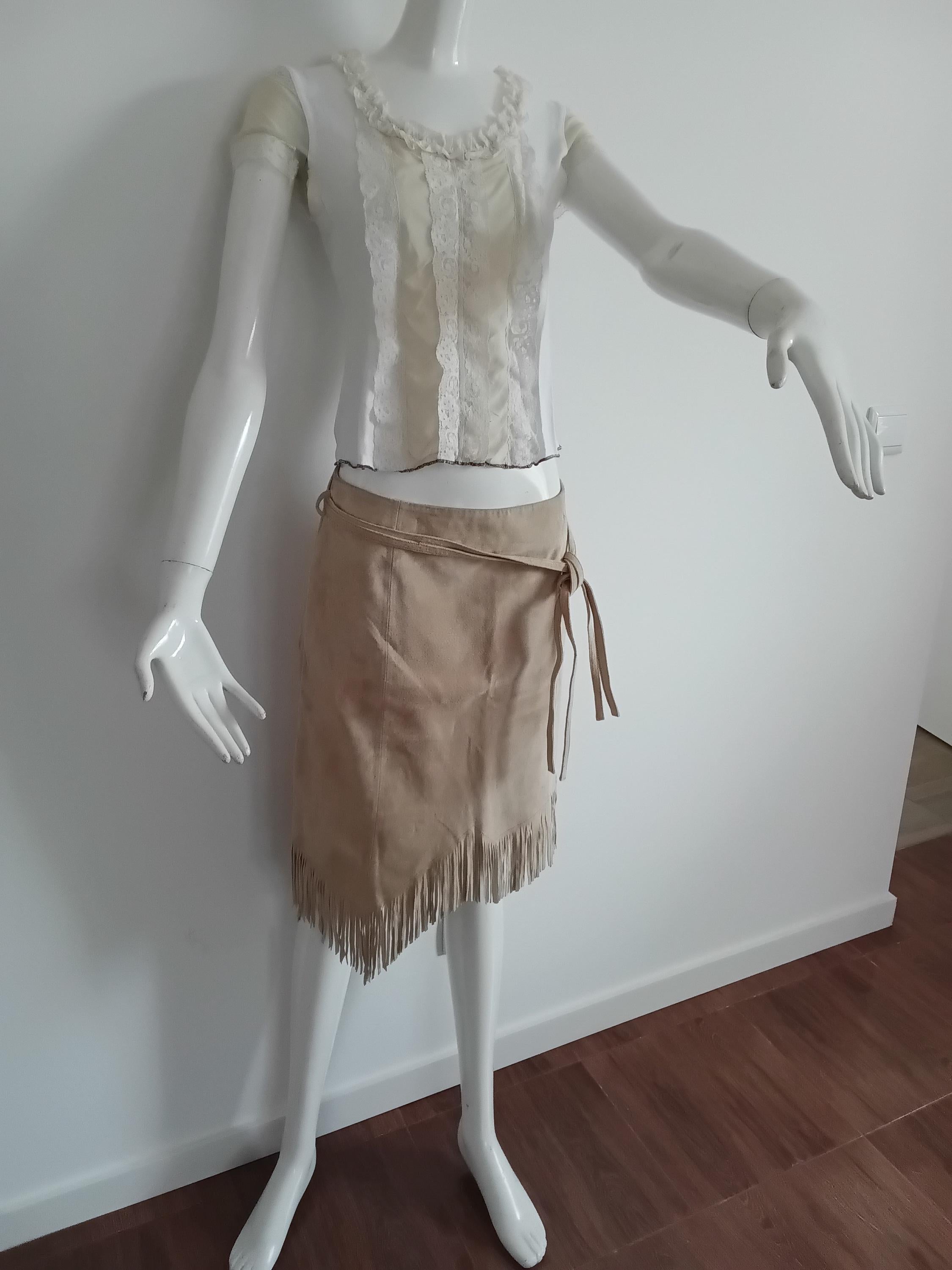 Vintage Tailleur jupe en cuir velours beige