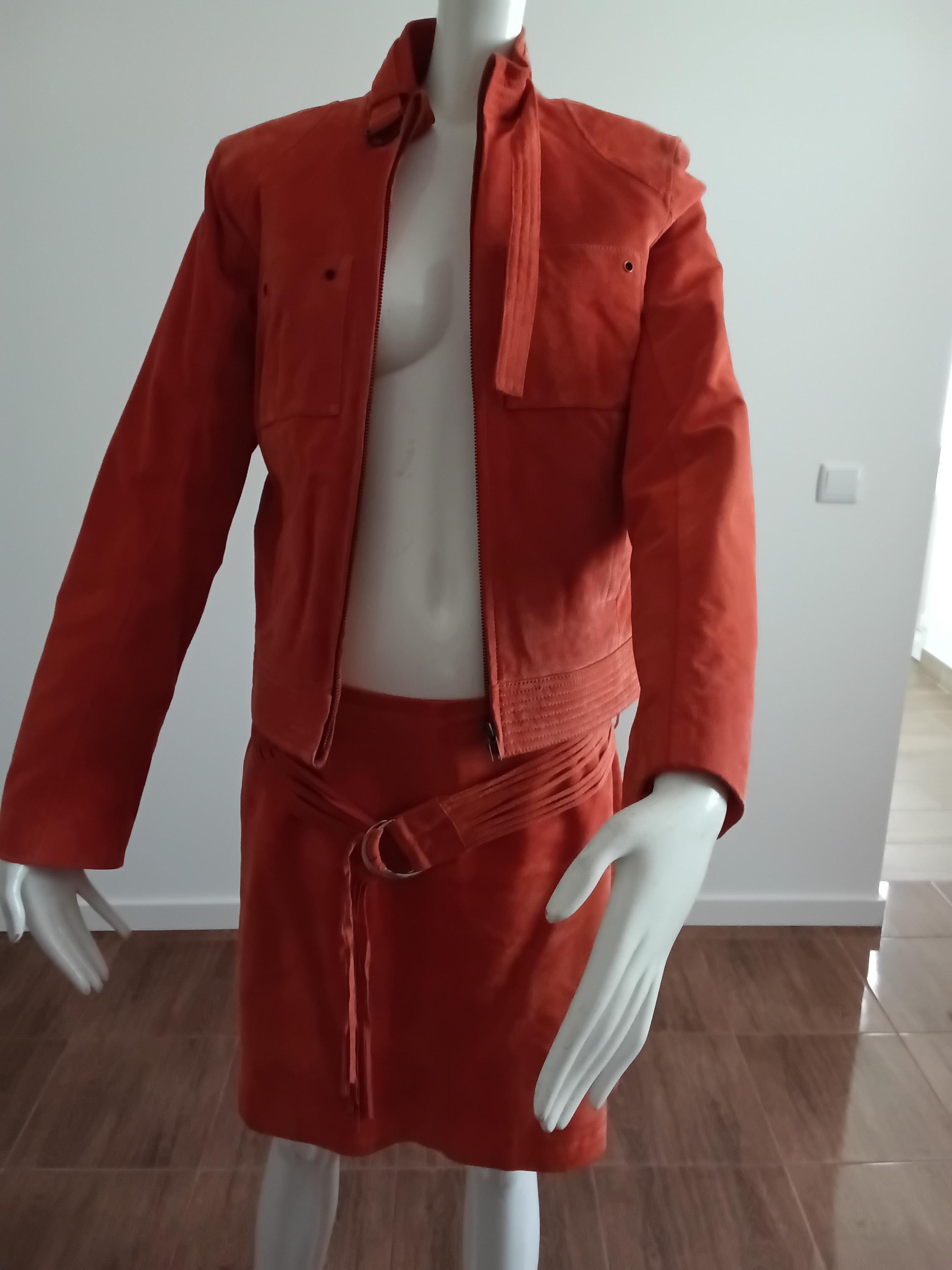 Vintage ensemble 2 pièces en cuir velours orange