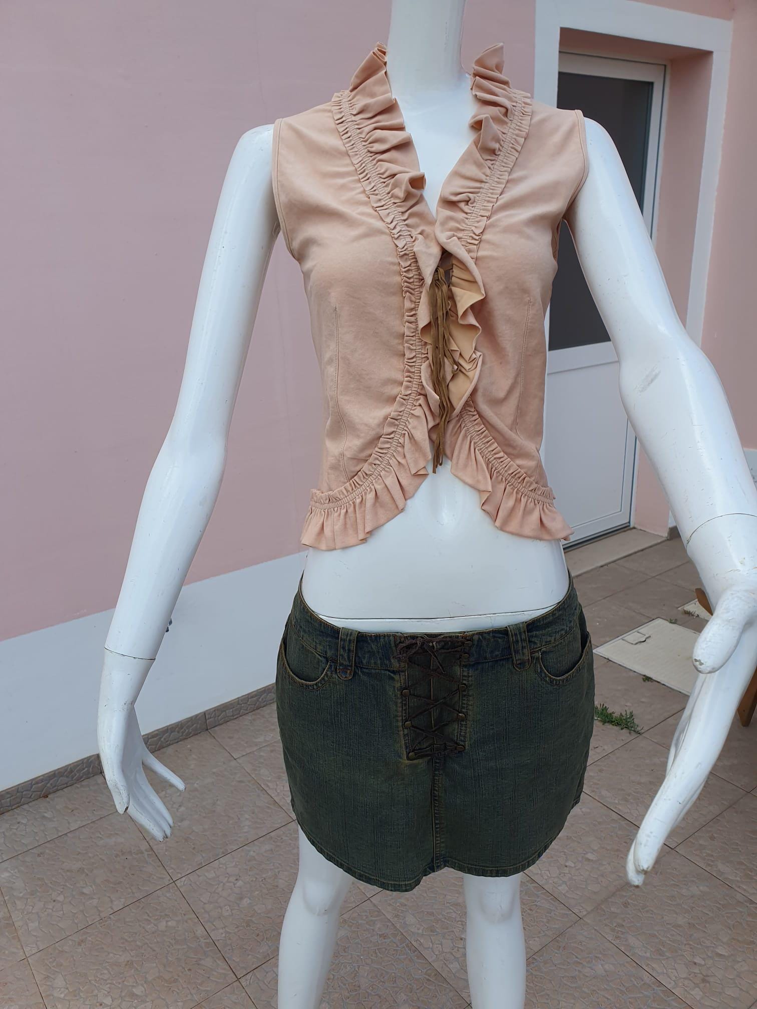 Débardeur Vintage Romantique Beige Rosé Volants — Années 2000 — Taille S