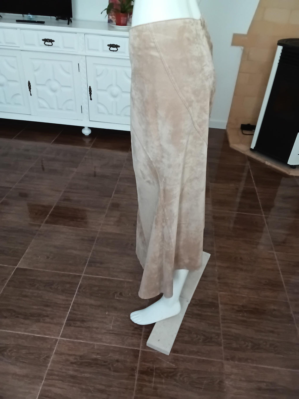 Vintage Jupe longue cuir velours beige à motifs — Taille 40 FR