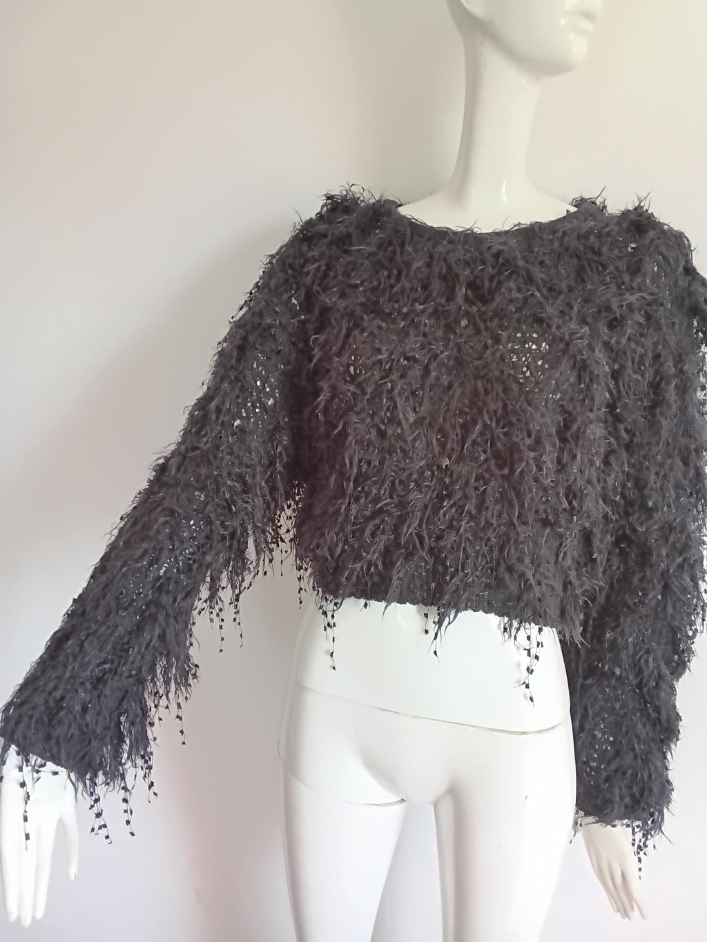 Pull Vintage Noir Frangé Années 70 — Style Bohème — Taille Unique