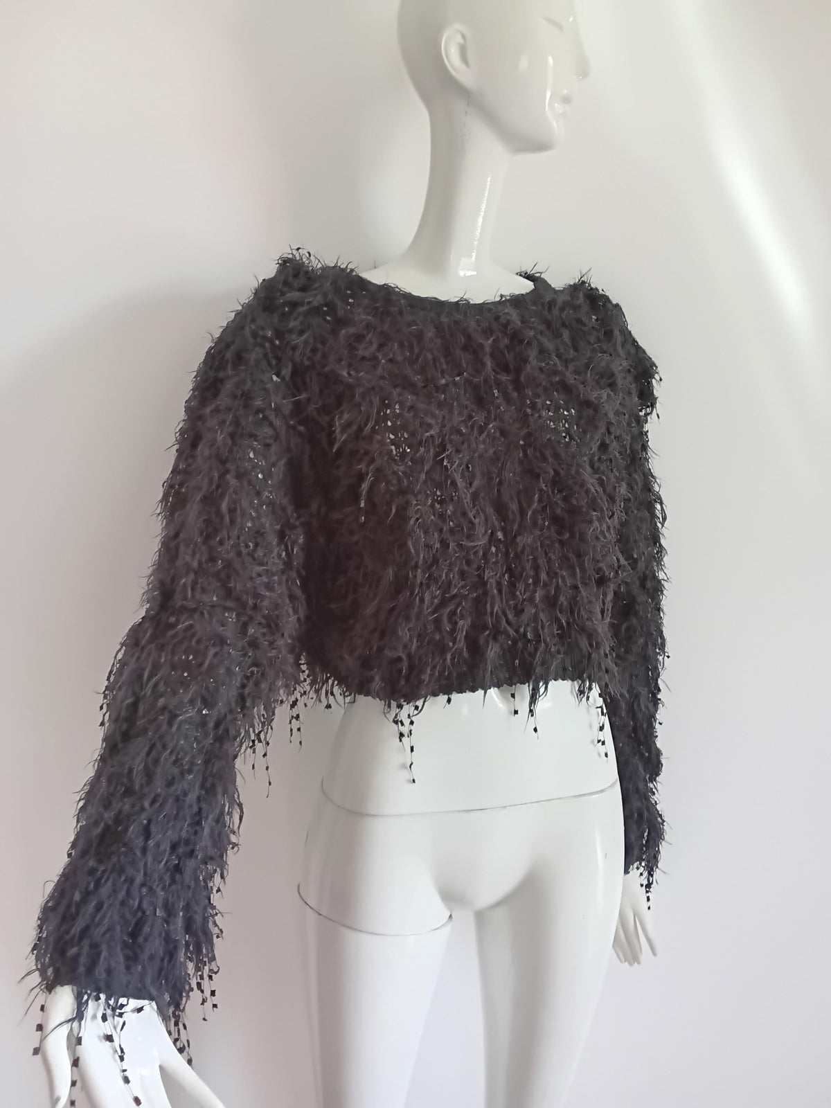 Pull Crop Frangé Noir | Fil Bouclé Guirlande | JOT | Taille Unique