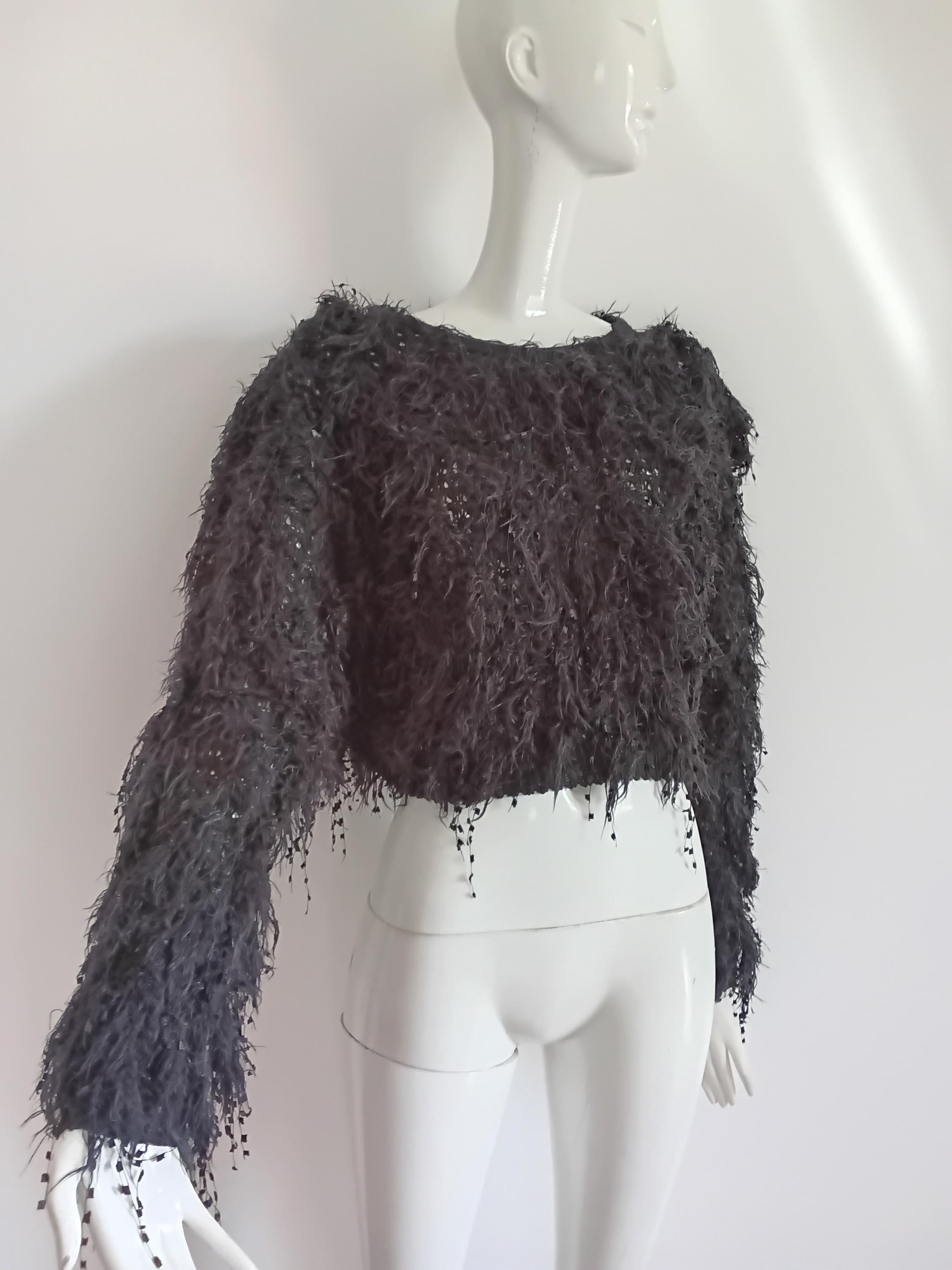 Pull Vintage Noir Frangé Années 70 — Style Bohème — Taille Unique