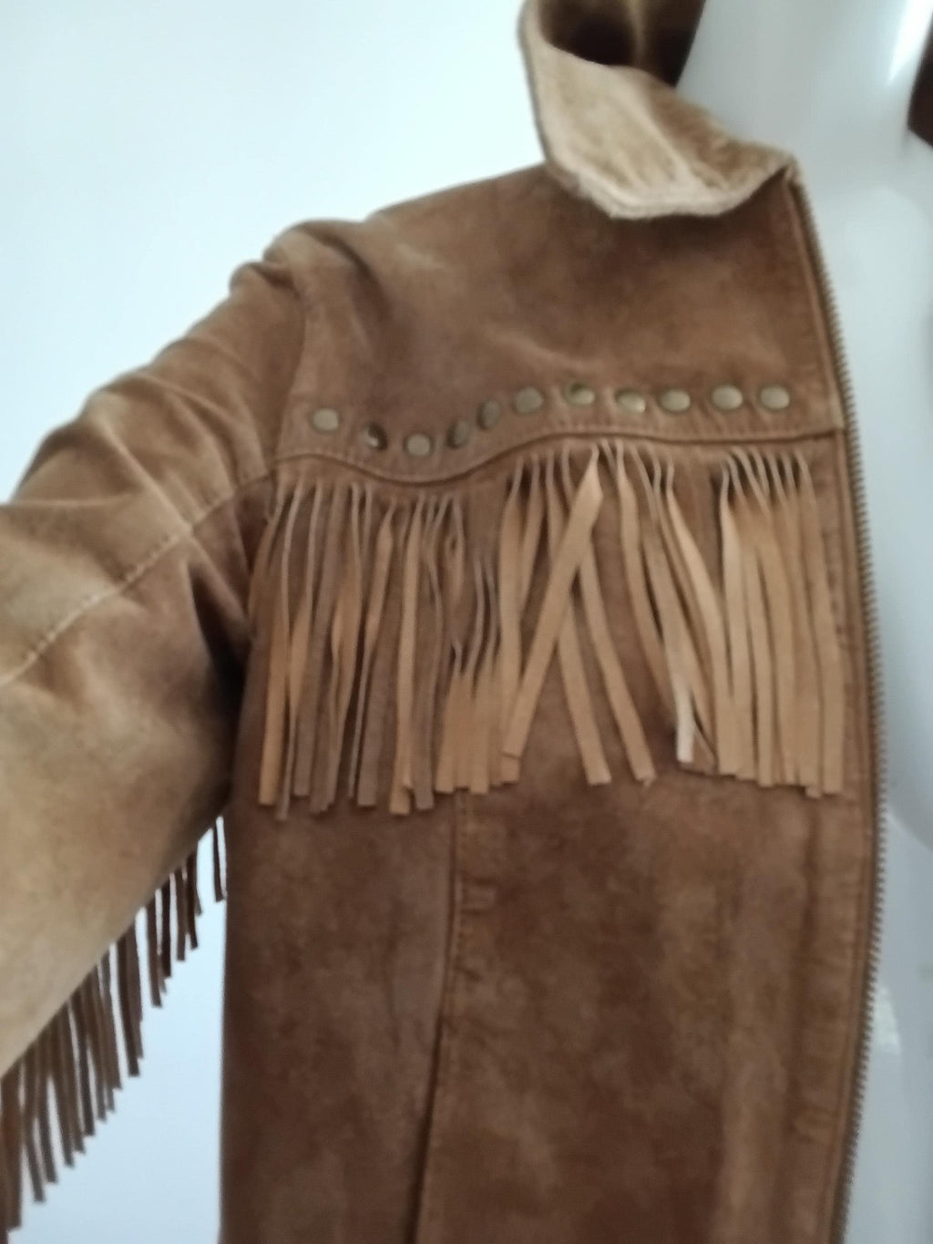 Veste Vintage Cuir Velours Camel à Franges — Taille S | Seconde Main