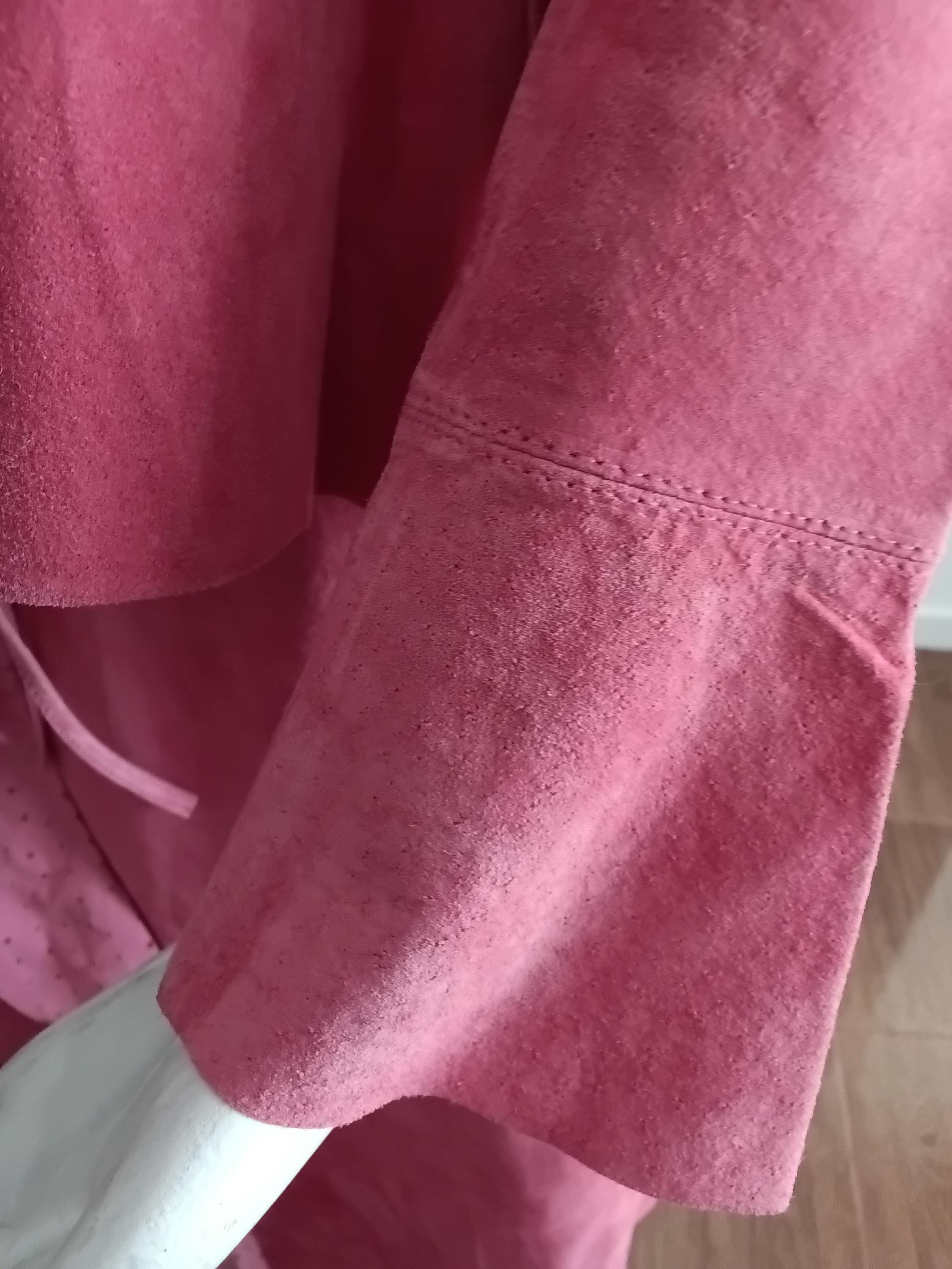 Vintage Ensemble blazer + jupe en cuir velours rose à volants — Taille 38 FR