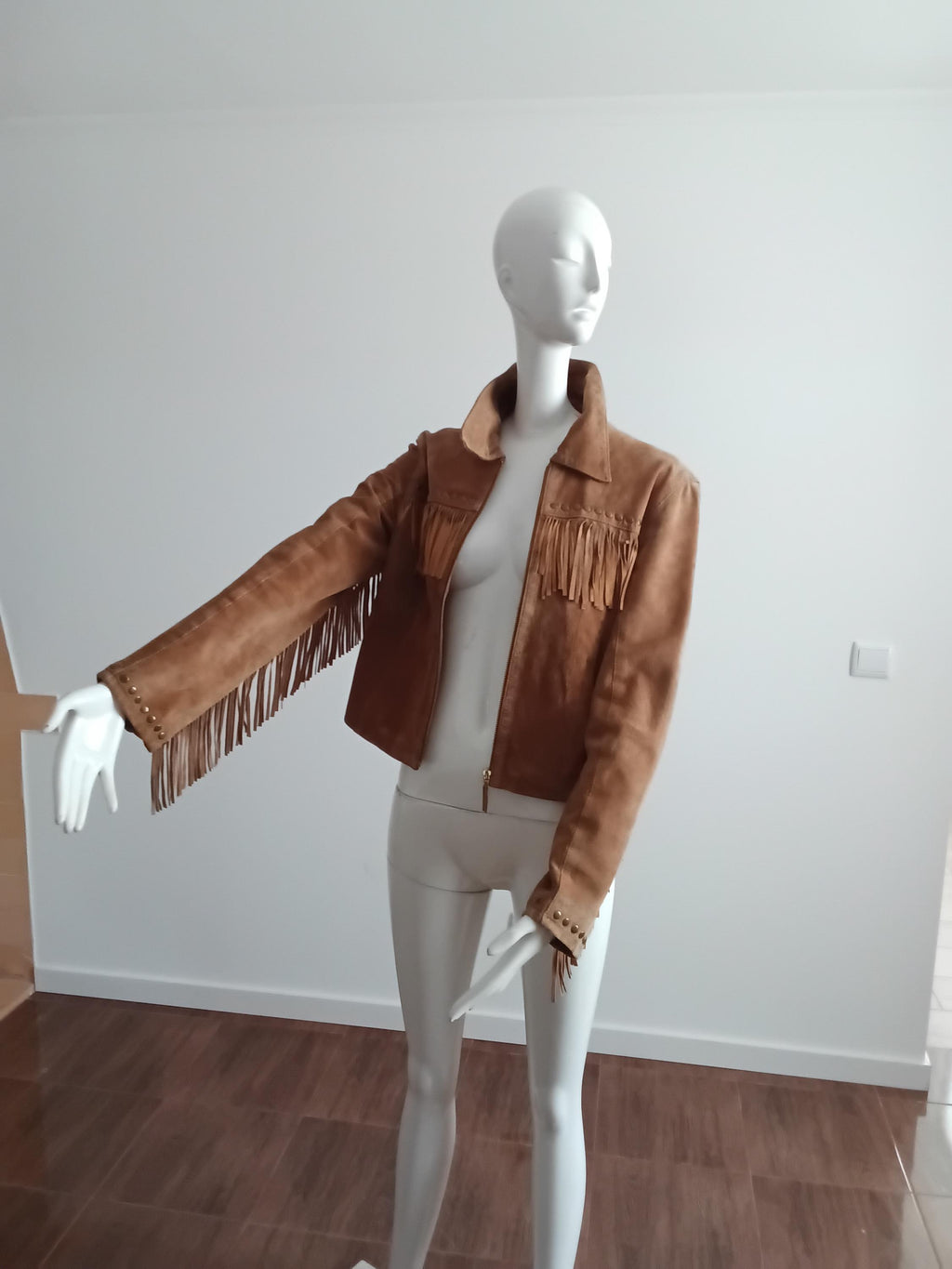 Veste Vintage Cuir Velours Camel à Franges — Taille S | Seconde Main