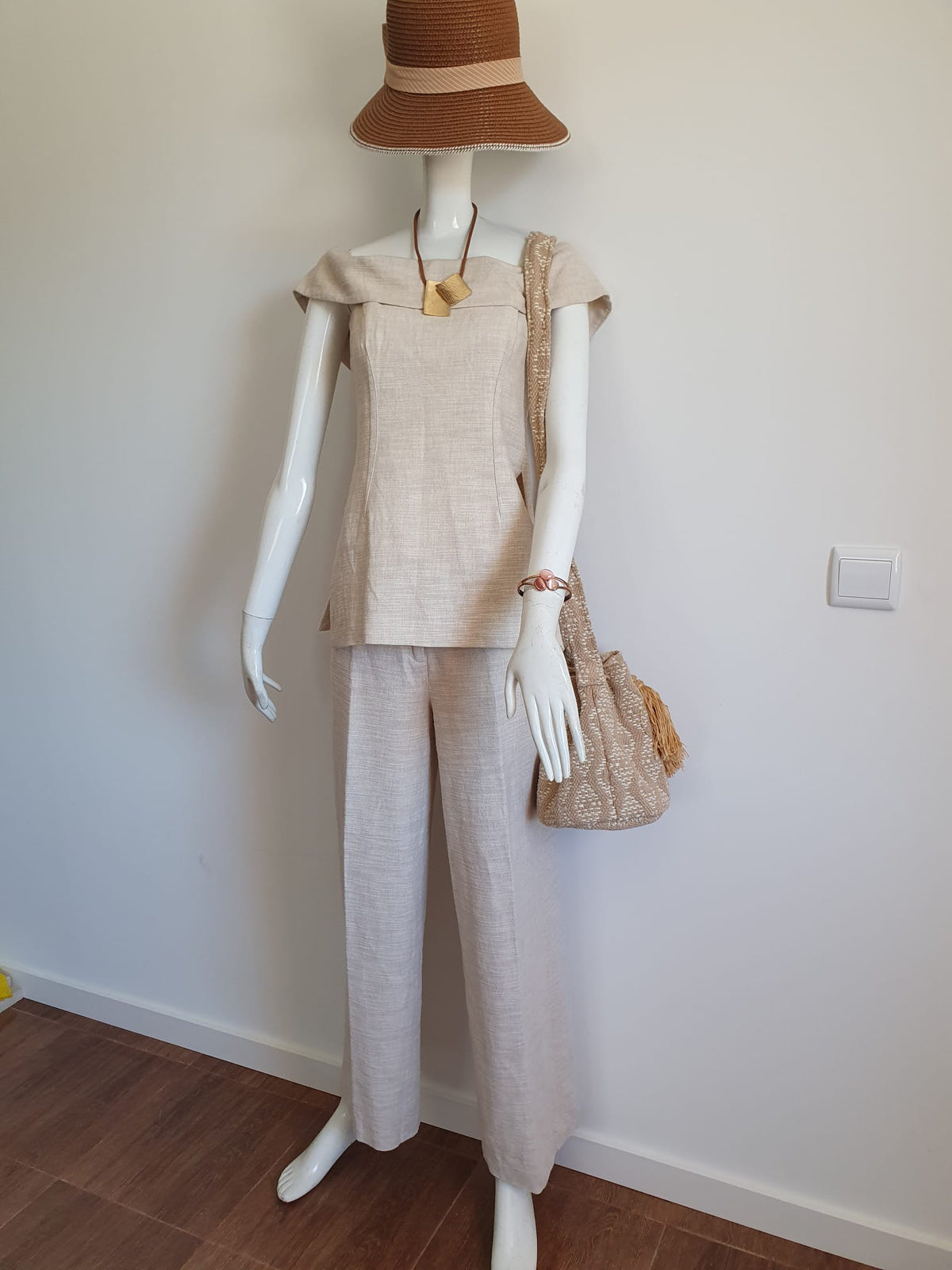 Ensemble Zara 2 Pièces — Top Bustier & Pantalon Large — Beige Doré | Taille S