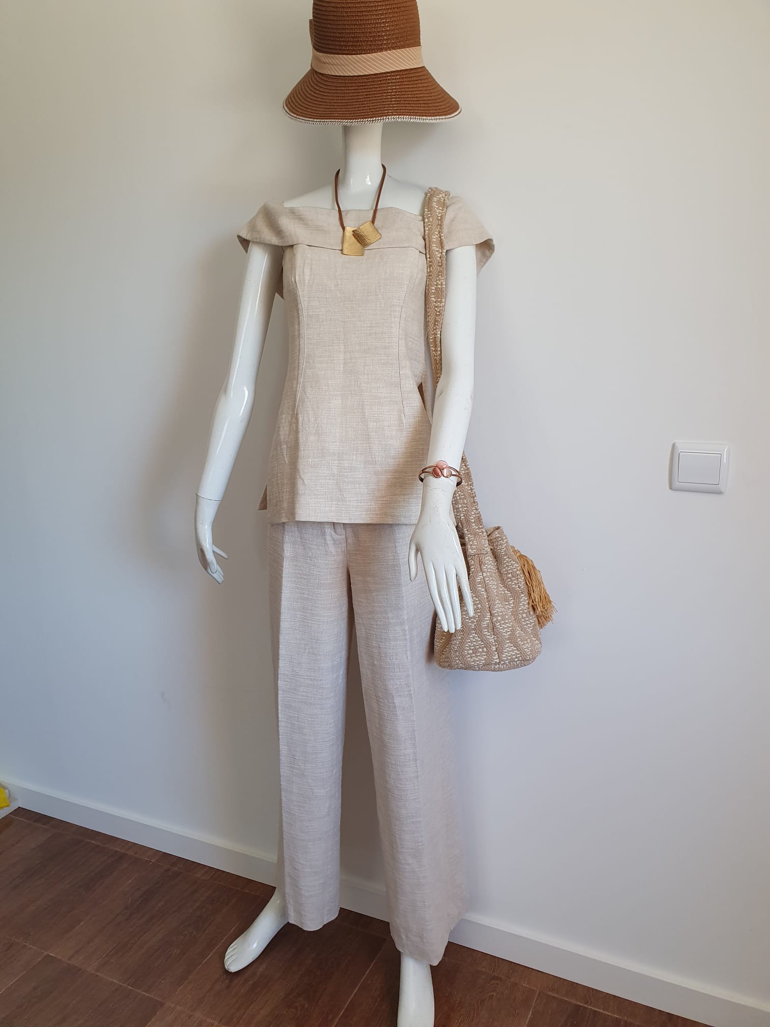 Ensemble Zara 2 Pièces — Top Bustier & Pantalon Large — Beige Doré | Taille S