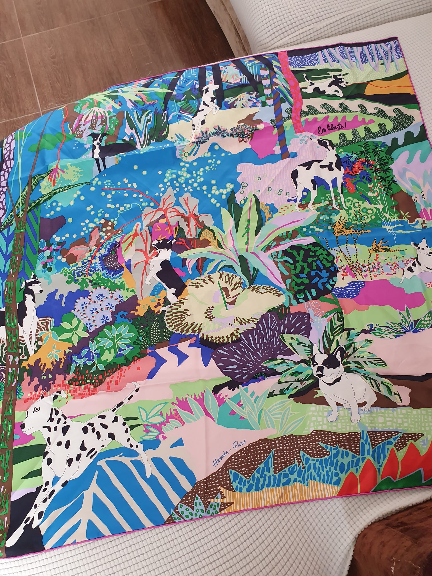 Carré Hermès "En Liberté" 90 x 90 cm — Soie Bleu Multicolore