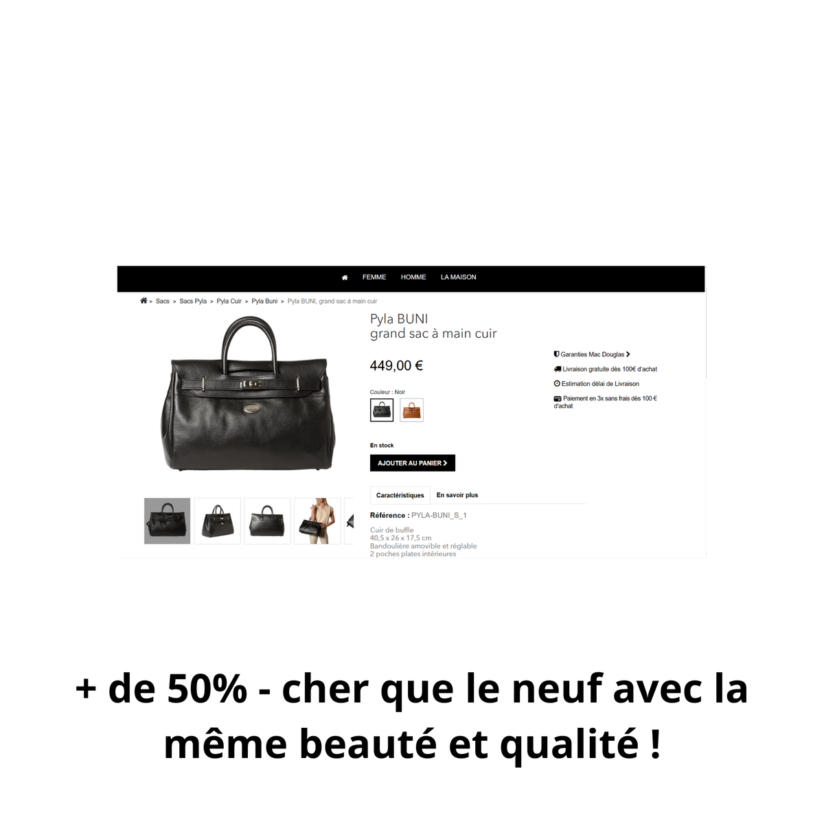 Sac à main Mac Douglas vintage en cuir de buffle noir, Sac hobo rétro années 90, Sac porté épaule de luxe, Grand sac cabas élégant chic