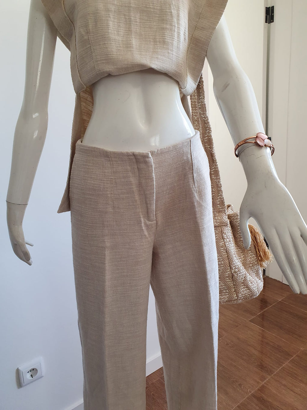 Ensemble Zara 2 Pièces — Top Bustier & Pantalon Large — Beige Doré | Taille S