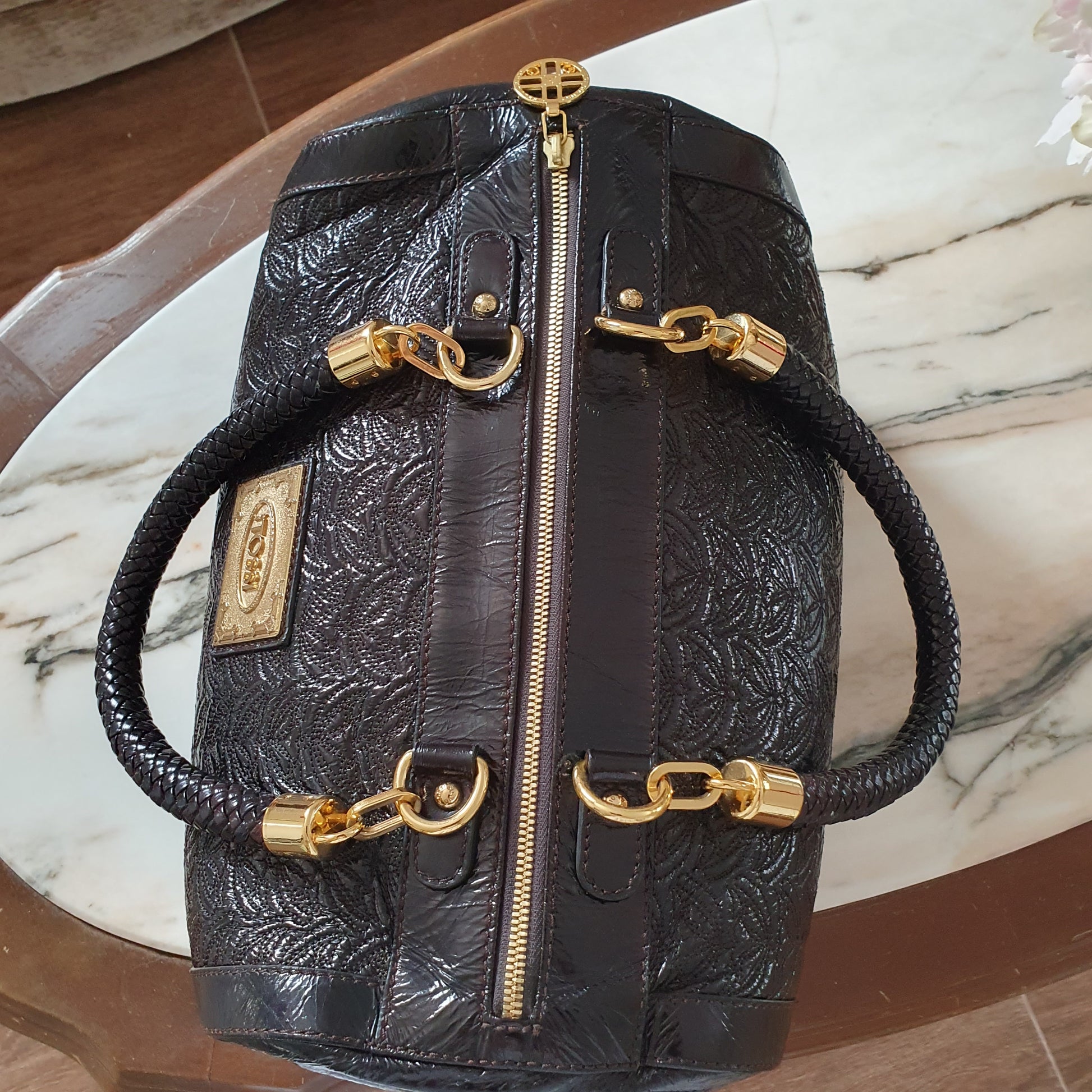 Sac bowling Silvio Tossi cuir embossé chocolat — vue de haut