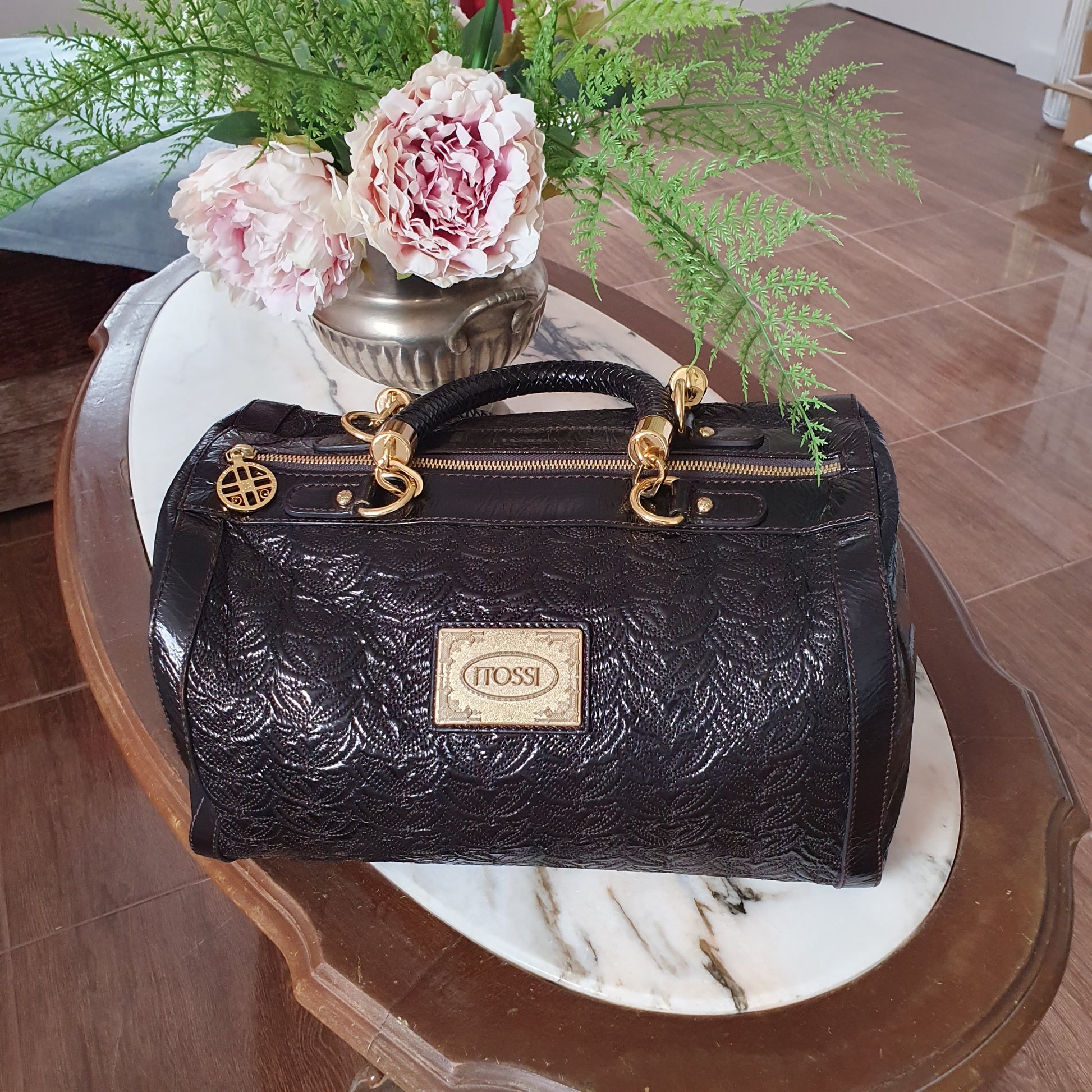 Sac bowling Silvio Tossi cuir véritable embossé marron chocolat — vue de face