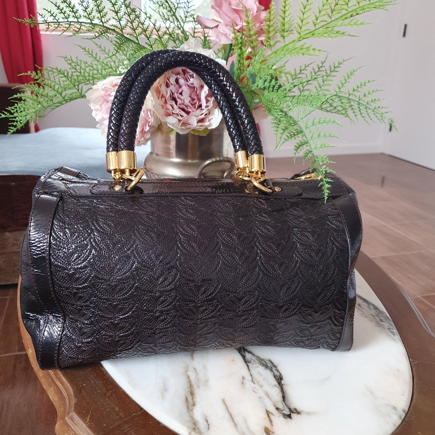 Sac bowling Silvio Tossi cuir embossé chocolat — vue de dos
