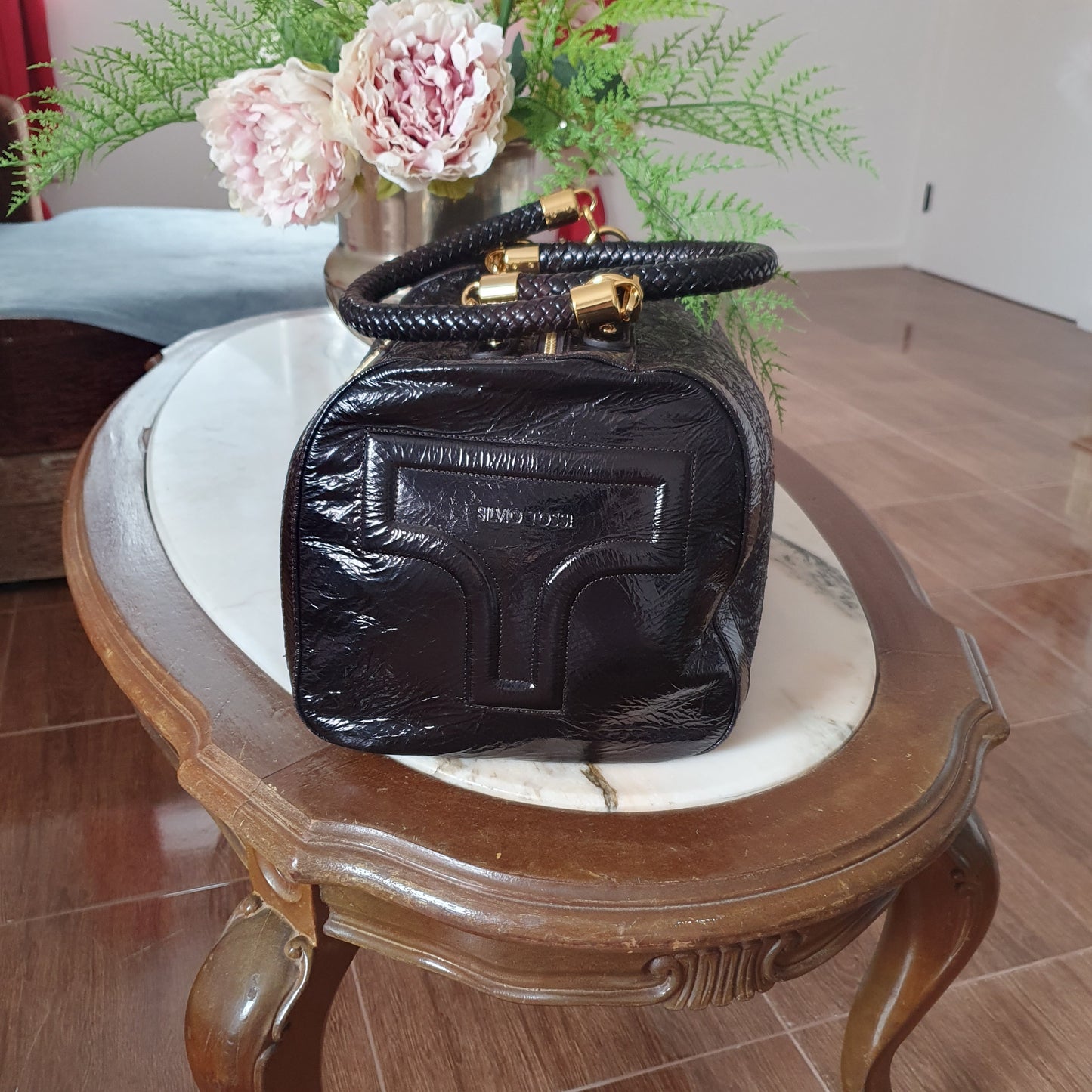 Sac bowling Silvio Tossi cuir véritable embossé marron — vue de profil