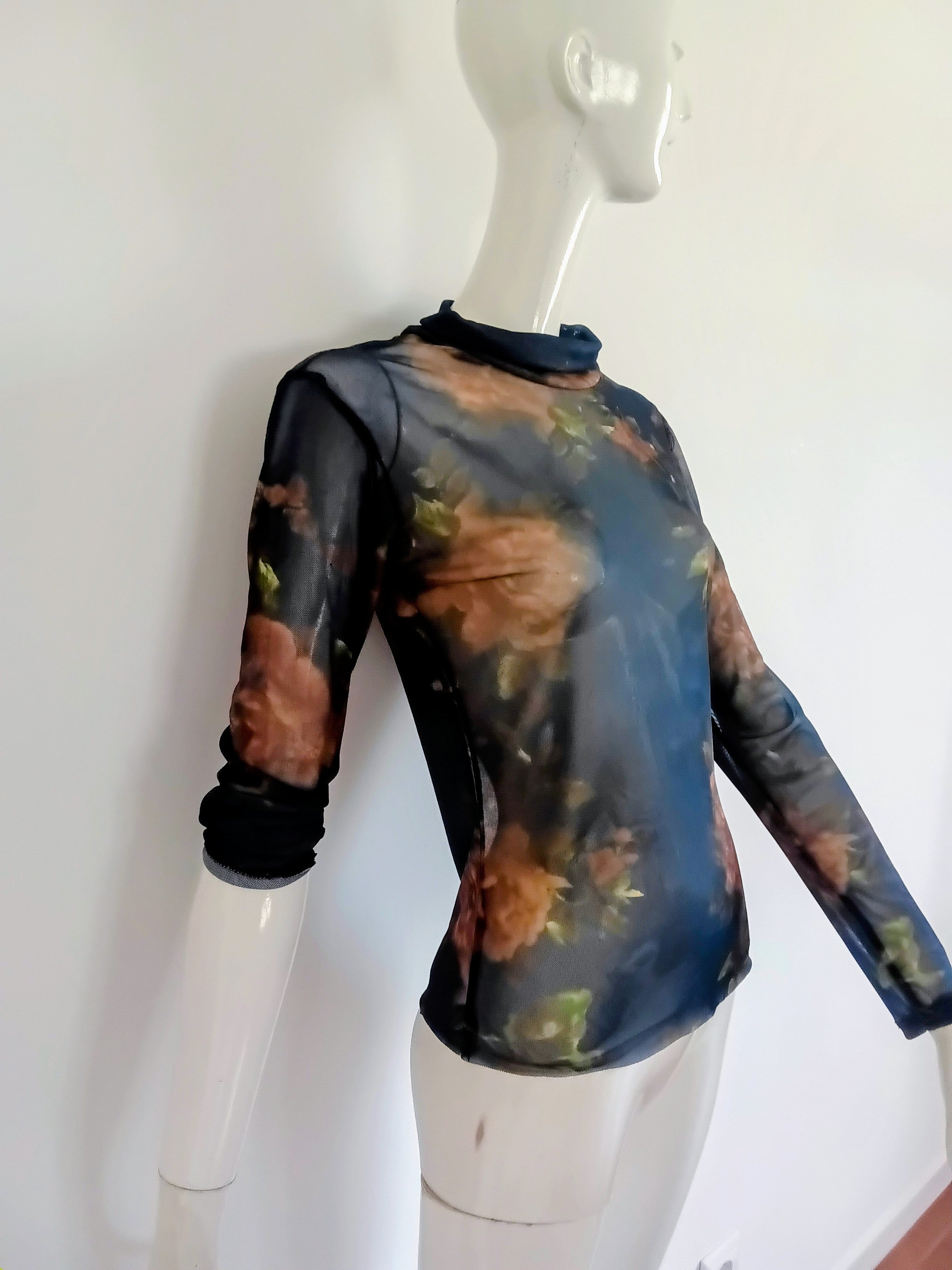 Top Manches Longues en Voile — Bleu Nuit à Motifs Botaniques — Vintage Italie Années 90