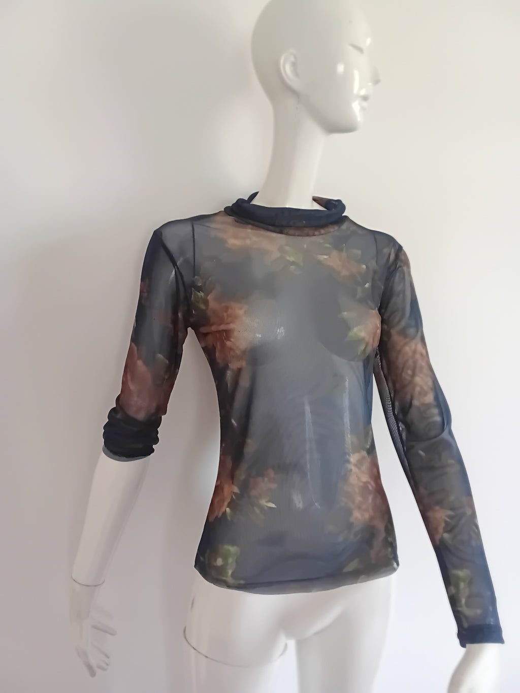 Top Manches Longues en Voile — Bleu Nuit à Motifs Botaniques — Vintage Italie Années 90