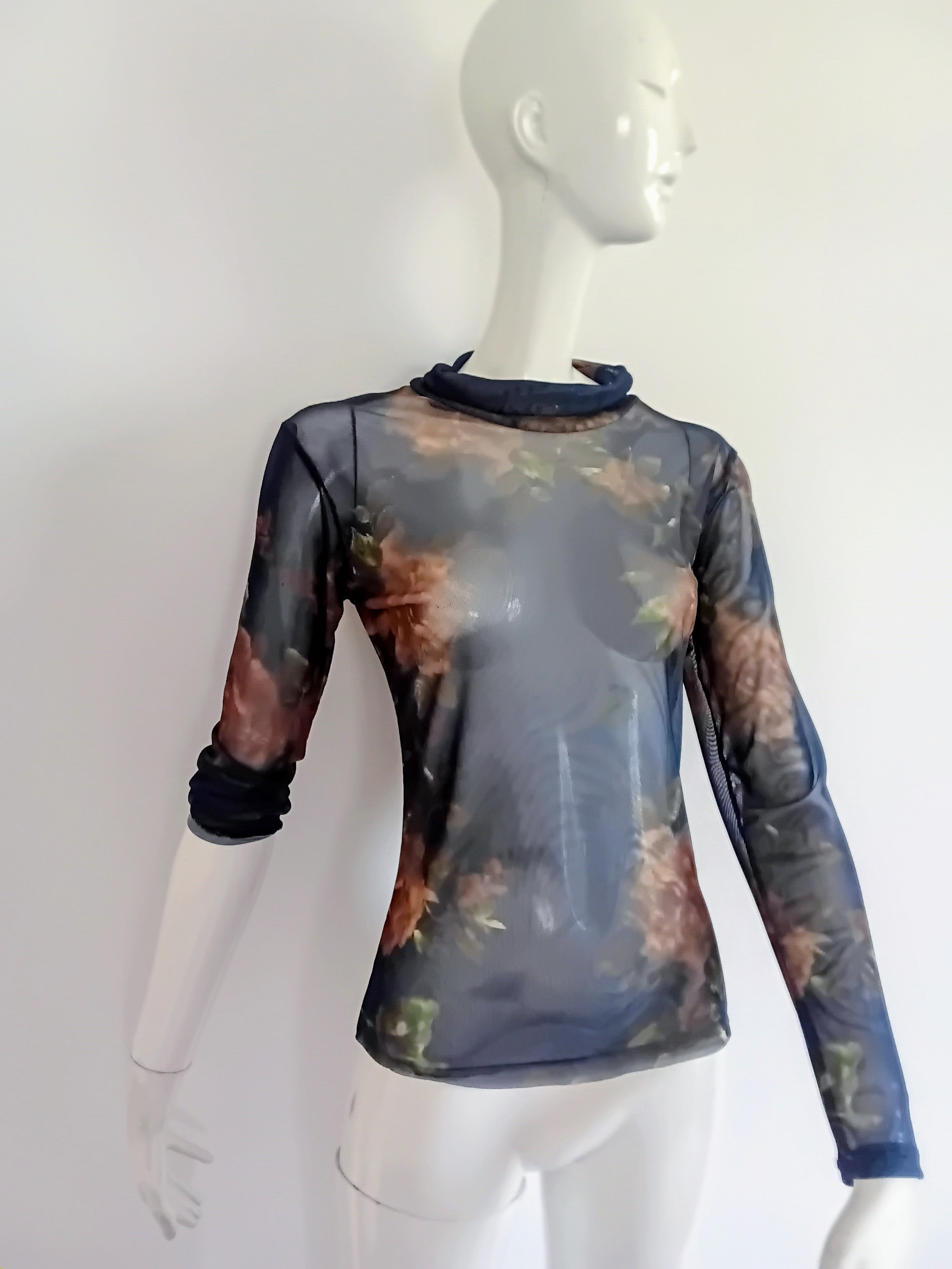 Top Manches Longues en Voile — Bleu Nuit à Motifs Botaniques — Vintage Italie Années 90