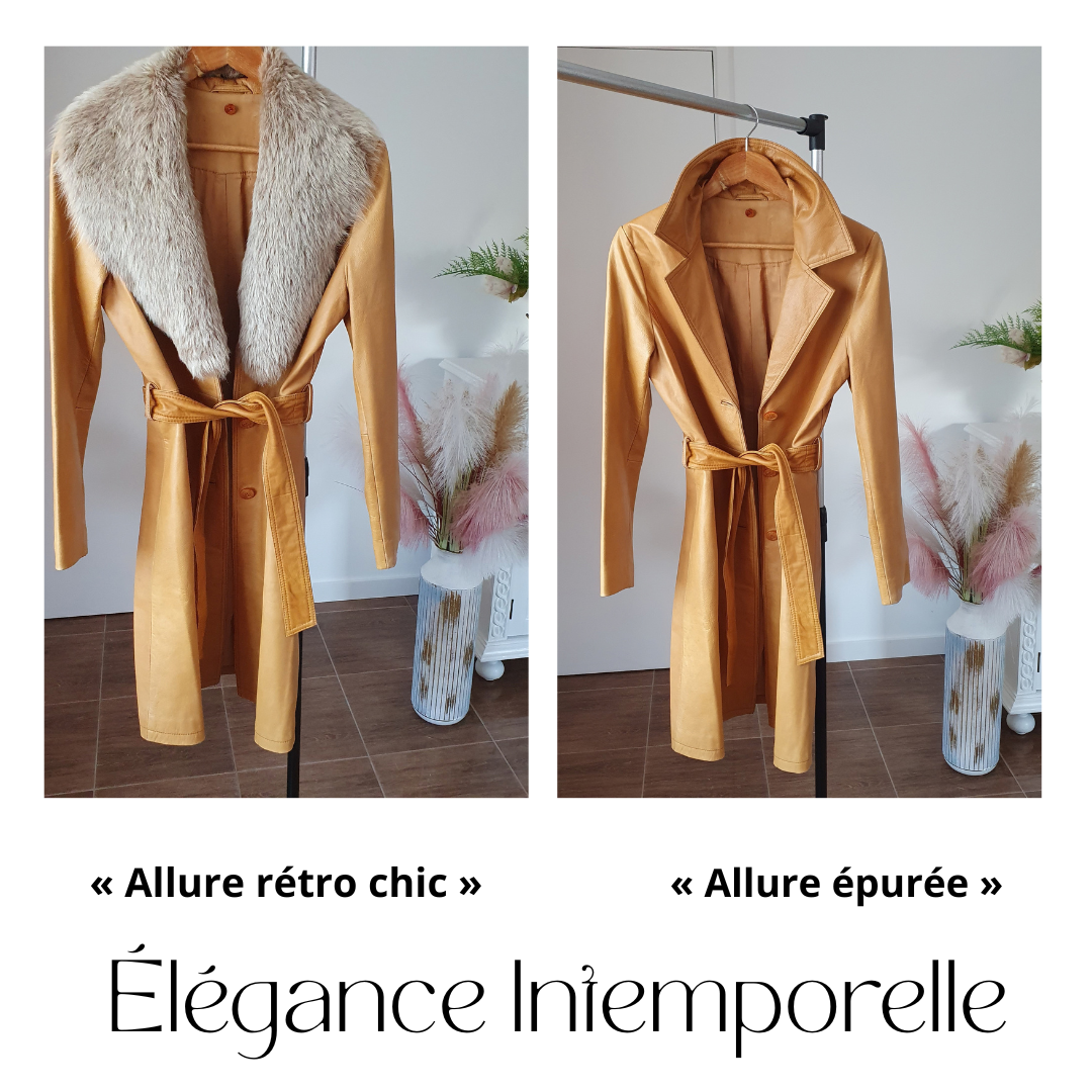 Trench en cuir camel à col amovible en fourrure T38