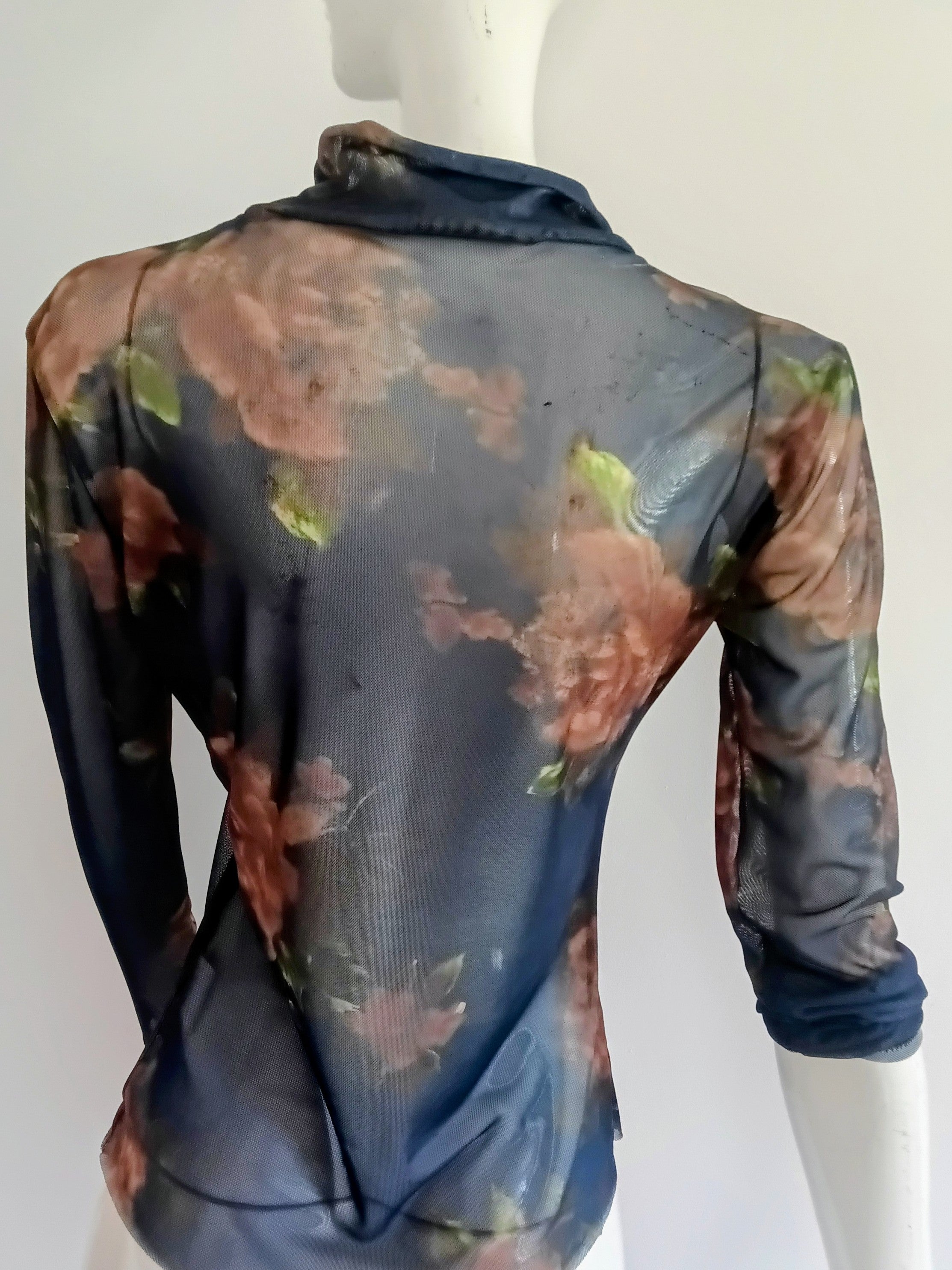 Top Manches Longues en Voile — Bleu Nuit à Motifs Botaniques — Vintage Italie Années 90