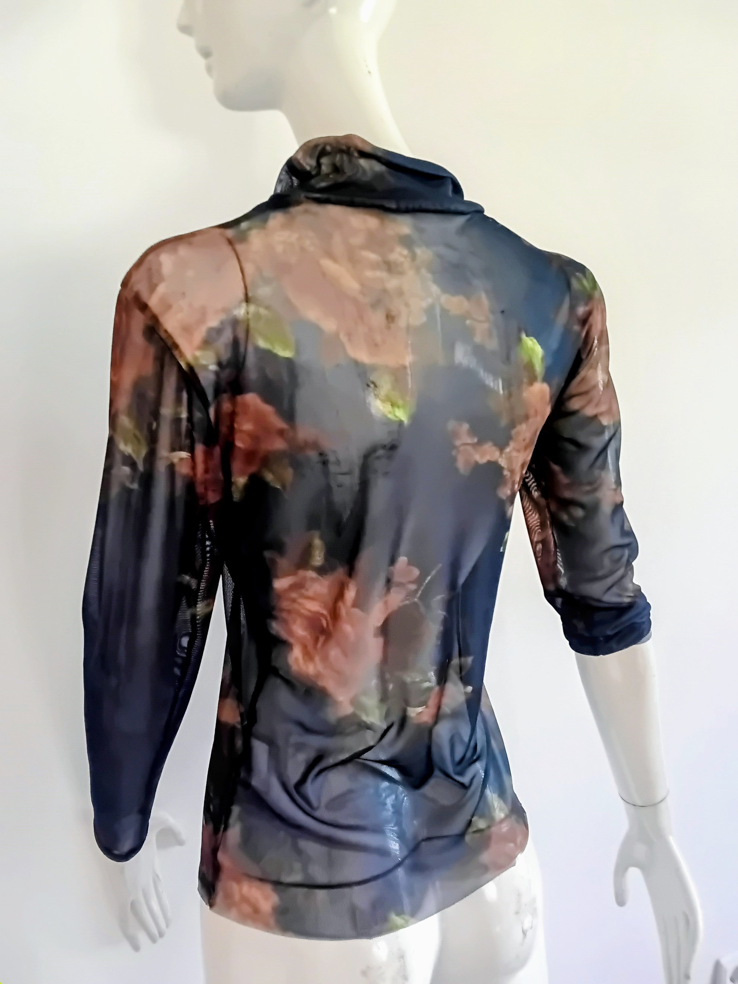 Top Manches Longues en Voile — Bleu Nuit à Motifs Botaniques — Vintage Italie Années 90