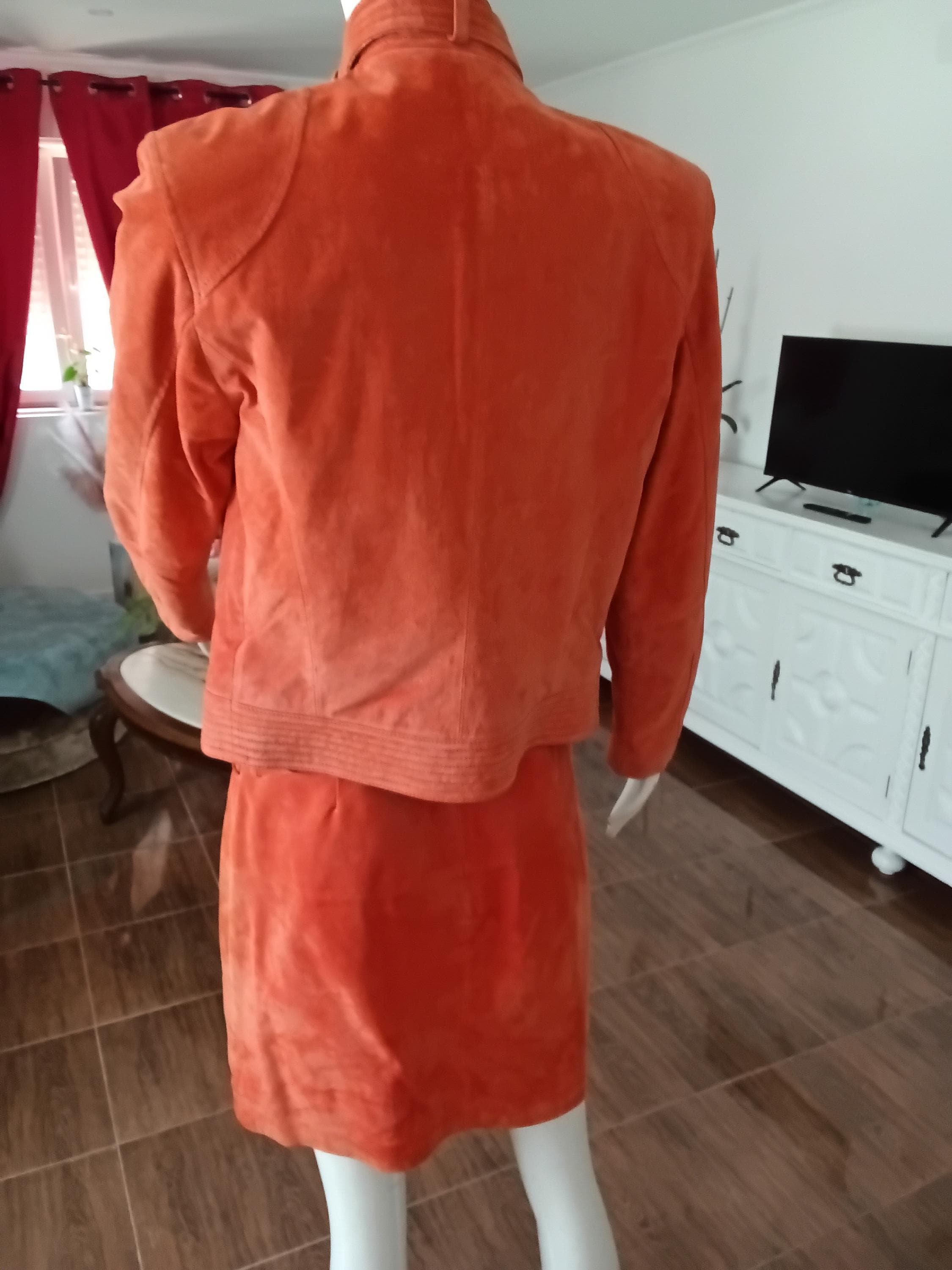 Vintage ensemble 2 pièces en cuir velours orange