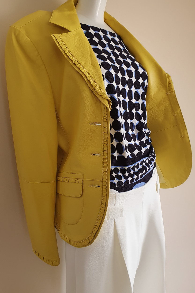 Blazer cuir jaune tournesol fond beige