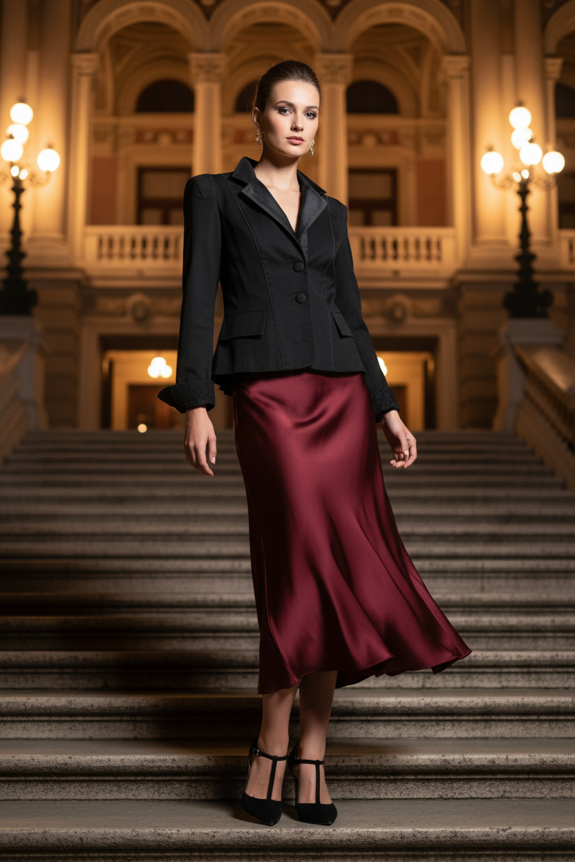 Blazer noir - jupe bordeaux